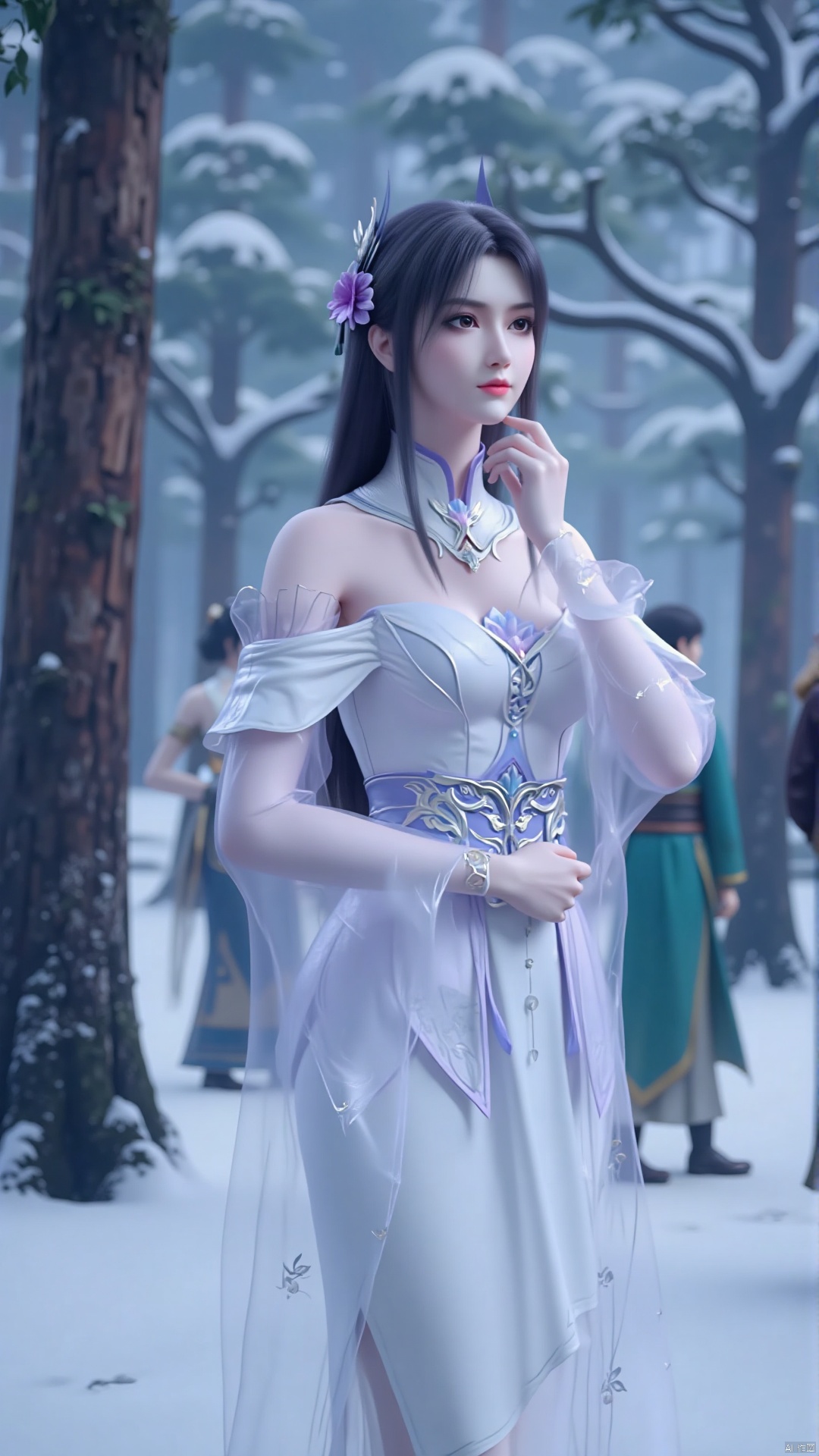 This image shows a young woman standing in a snowy forest. She wore a traditional Chinese hanfu,a long,flowing white robe with intricate patterns and designs,and a white mink fur shawl. The woman had long black hair tied into two buns. She looked deep in thought,with a thoughtful expression on her face. The surrounding trees were covered with snow,and the ground was also covered with a layer of snow. The atmosphere of the whole picture is quiet and peaceful. Background blur,dynamic poses,low angle shots.,2025 is written on her dress,