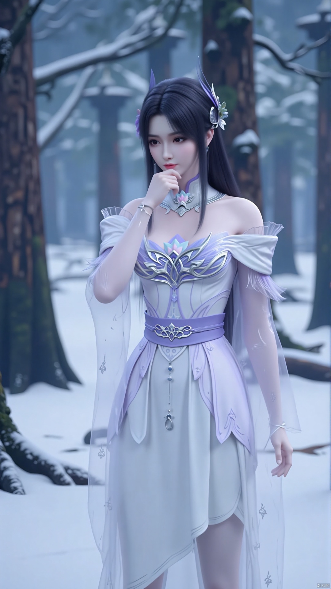 This image shows a young woman standing in a snowy forest. She wore a traditional Chinese hanfu,a long,flowing white robe with intricate patterns and designs,and a white mink fur shawl. The woman had long black hair tied into two buns. She looked deep in thought,with a thoughtful expression on her face. The surrounding trees were covered with snow,and the ground was also covered with a layer of snow. The atmosphere of the whole picture is quiet and peaceful. Background blur,dynamic poses,low angle shots.,2025 is written on her dress,