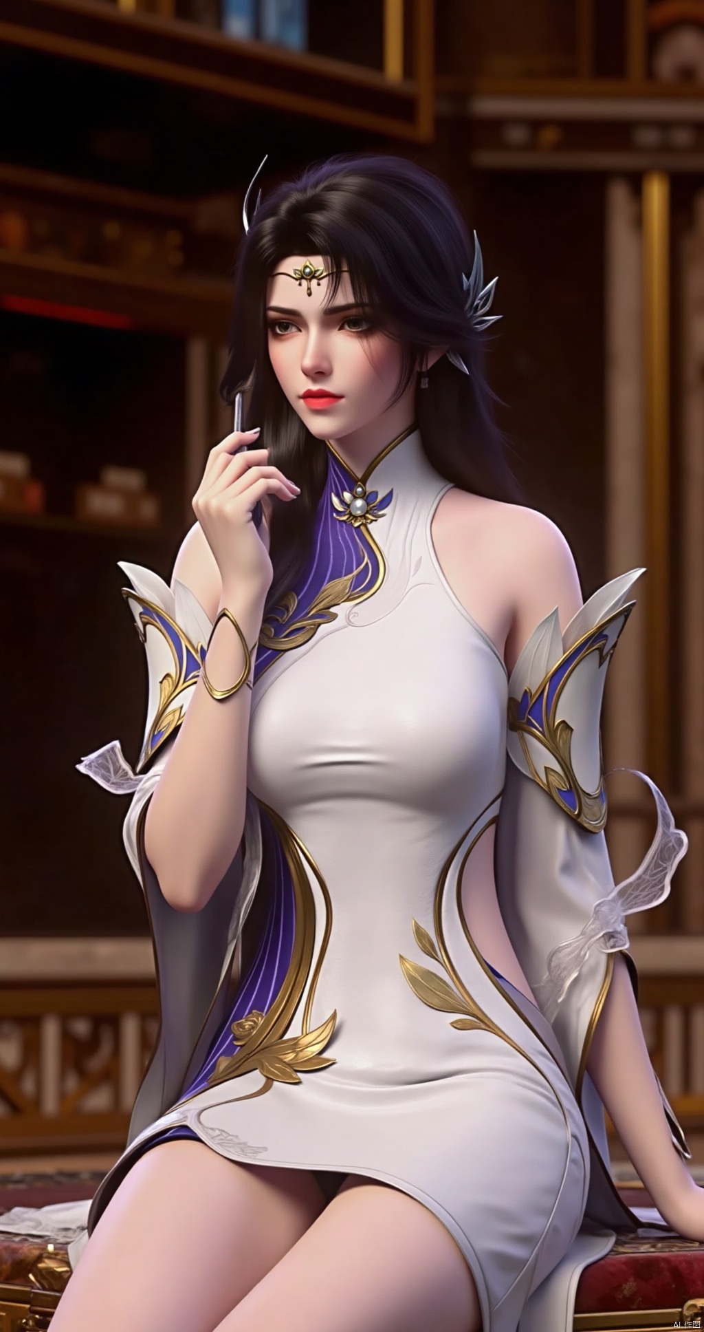 The image is a digital illustration of a young woman sitting on a wooden floor in a room with a bookshelf in the background. She is wearing a white dress with a blue and gold design on the neckline and sleeves. The dress has a high neckline with a halter neckline. The woman has long dark hair styled in loose waves and is wearing gold earrings and a headpiece with a flower design. She has a serious expression on her face and is holding a phone to her ear with one hand. The overall mood of the image is elegant and sophisticated.