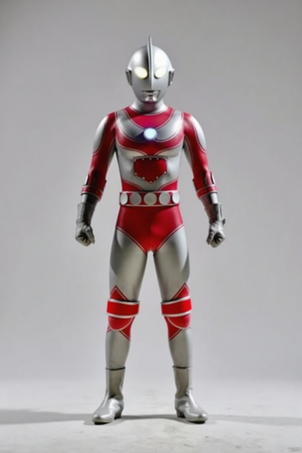 ultraman,silver bodysuit,silver gloves,legwear,gloves,boots,cover,mask,plugsuit,armor,bodysuit,red pattern on body,silver tight-fitting,silver footwear,helmet,leather suit,latex,tokusatsu,no humans,science fiction,silver head,hard mask,no smile,no eyes,no nose,solo,silver rubber bodysuit with red line