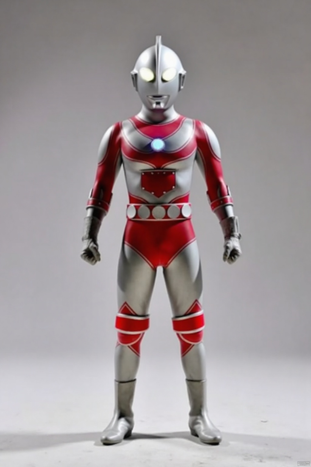 ultraman,silver bodysuit,silver gloves,legwear,gloves,boots,cover,mask,plugsuit,armor,bodysuit,red pattern on body,silver tight-fitting,silver footwear,helmet,leather suit,latex,tokusatsu,no humans,science fiction,silver head,hard mask,no smile,no eyes,no nose,solo,silver rubber bodysuit with red line