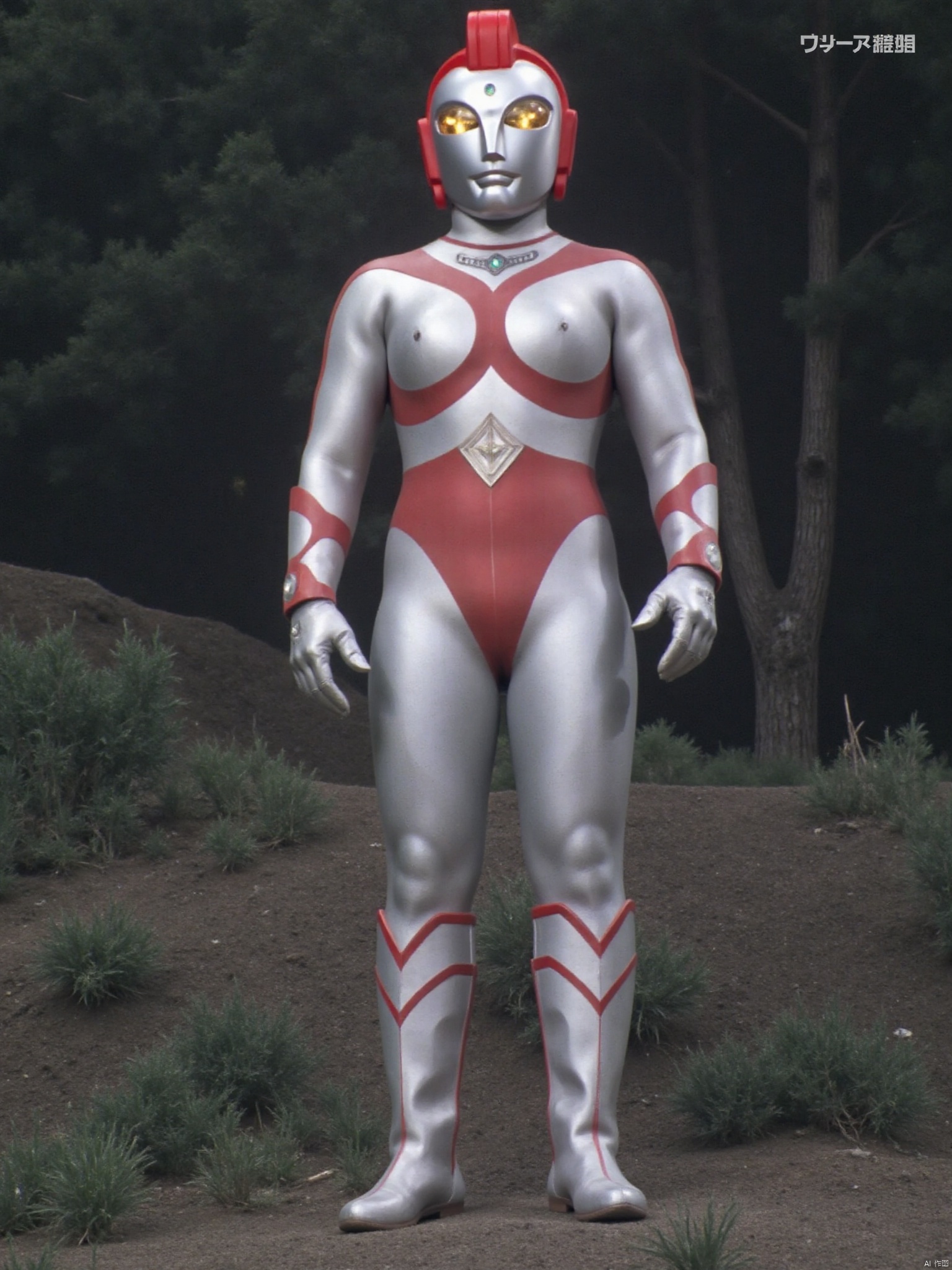 ultraman,silver bodysuit,silver gloves,legwear,gloves,boots,cover,mask,plugsuit,armor,bodysuit,red pattern on body,silver tight-fitting,red footwear,helmet,leather suit,latex,tokusatsu,no humans,science fiction,silver head,hard mask,no smile,no eyes,no nose,solo,silver rubber bodysuit with red line