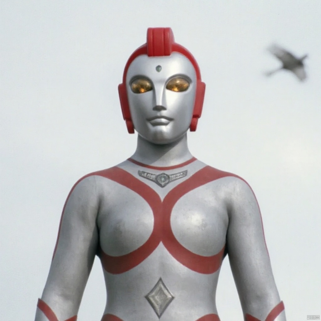 ultraman,silver bodysuit,silver gloves,legwear,gloves,boots,cover,mask,plugsuit,armor,bodysuit,red pattern on body,silver tight-fitting,red footwear,helmet,leather suit,latex,tokusatsu,no humans,science fiction,silver head,hard mask,no smile,no eyes,no nose,solo,silver rubber bodysuit with red line