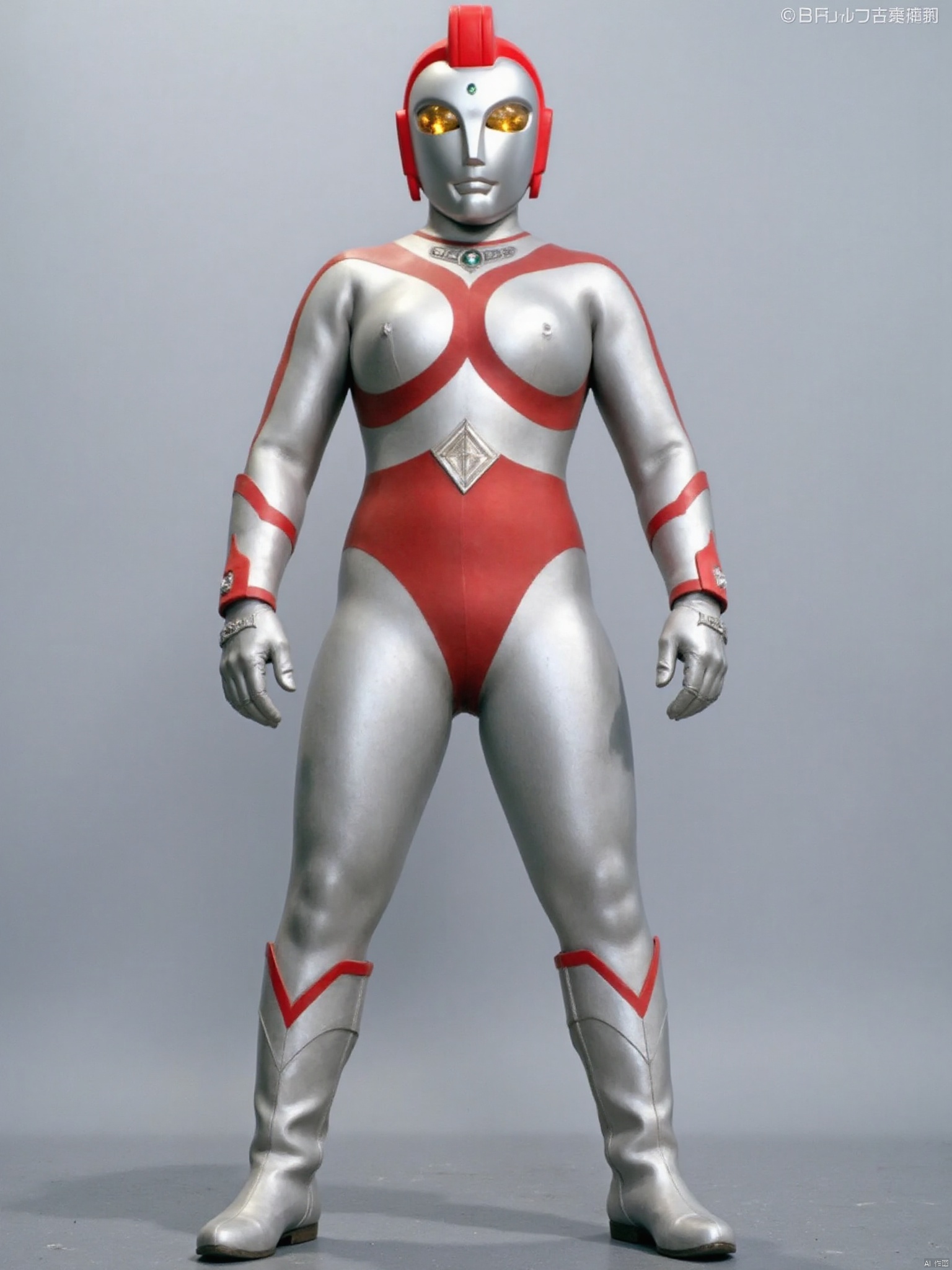ultraman,silver bodysuit,silver gloves,legwear,gloves,boots,cover,mask,plugsuit,armor,bodysuit,red pattern on body,silver tight-fitting,red footwear,helmet,leather suit,latex,tokusatsu,no humans,science fiction,silver head,hard mask,no smile,no eyes,no nose,solo,silver rubber bodysuit with red line