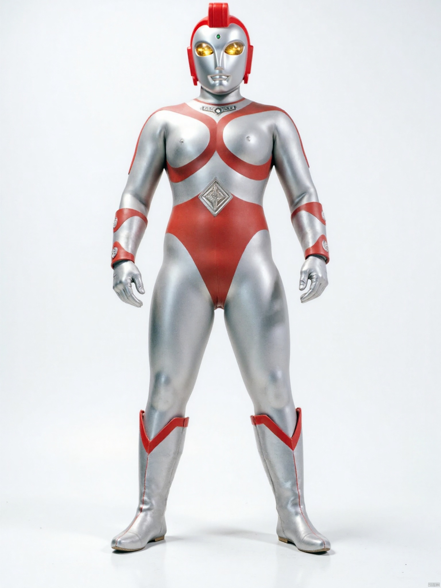 ultraman,silver bodysuit,silver gloves,legwear,gloves,boots,cover,mask,plugsuit,armor,bodysuit,red pattern on body,silver tight-fitting,red footwear,helmet,leather suit,latex,tokusatsu,no humans,science fiction,silver head,hard mask,no smile,no eyes,no nose,solo,silver rubber bodysuit with red line