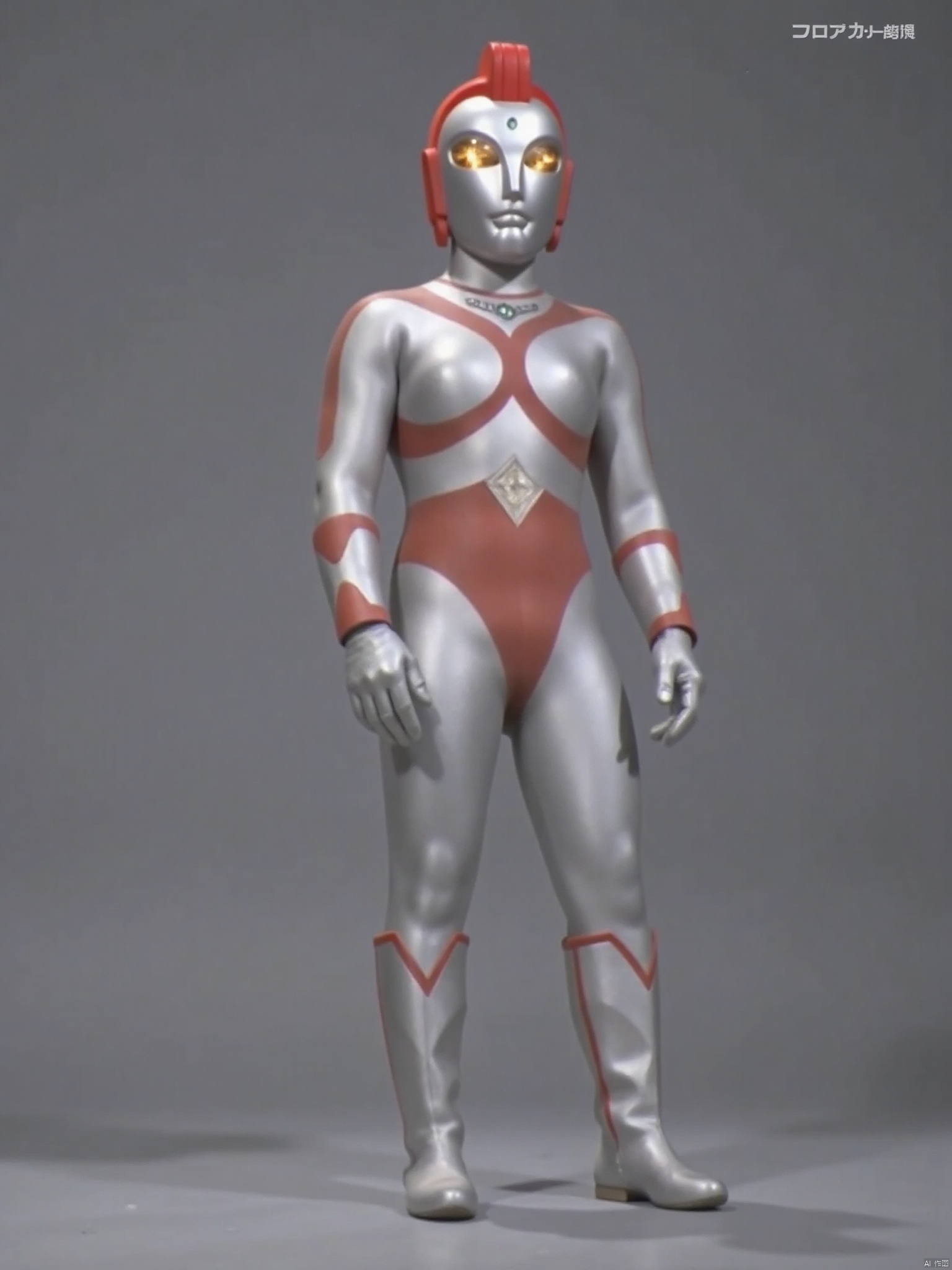 ultraman,silver bodysuit,silver gloves,legwear,gloves,boots,cover,mask,plugsuit,armor,bodysuit,red pattern on body,silver tight-fitting,red footwear,helmet,leather suit,latex,tokusatsu,no humans,science fiction,silver head,hard mask,no smile,no eyes,no nose,solo,silver rubber bodysuit with red line