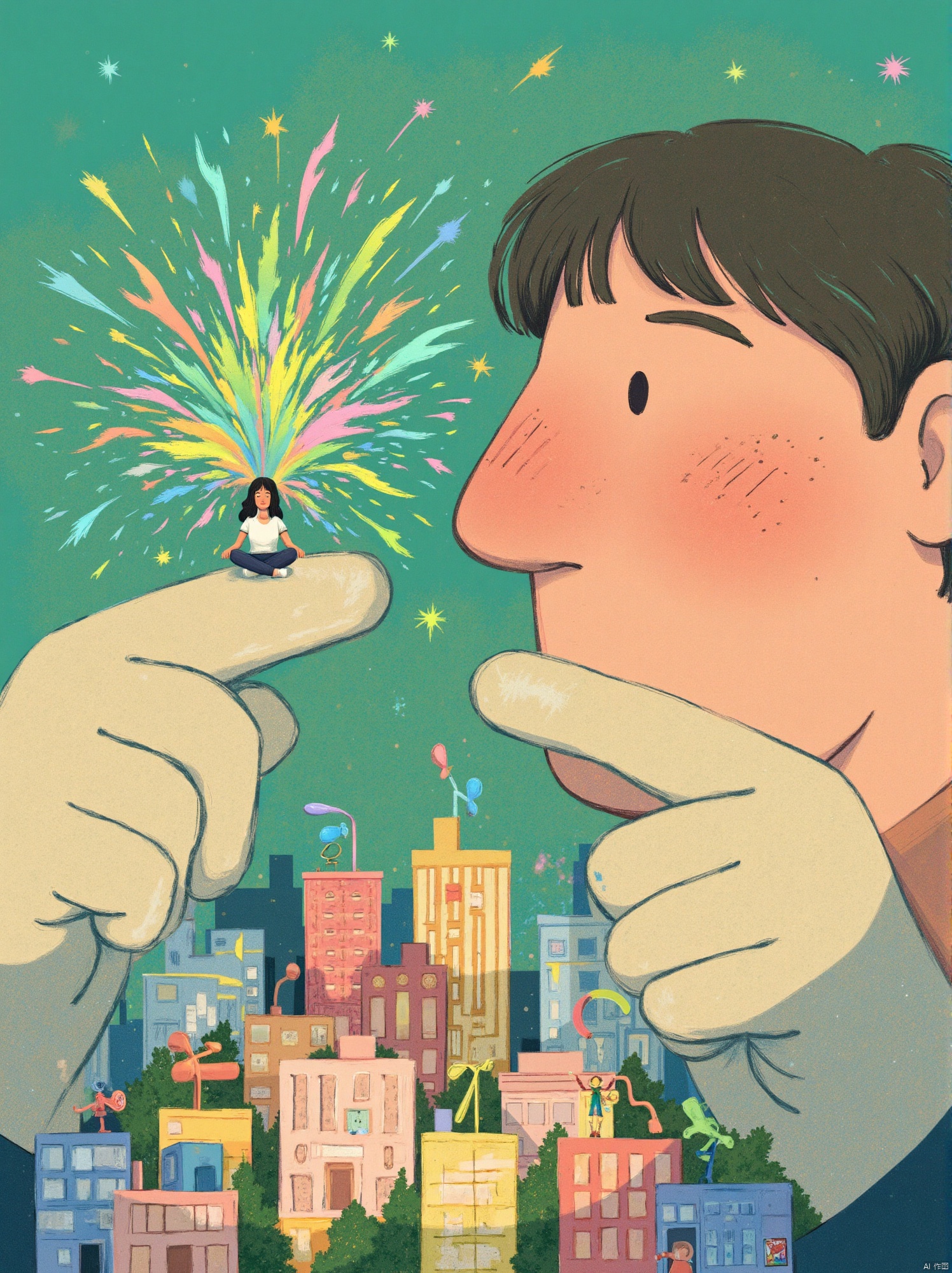This whimsical illustration depicts a surreal, imaginative scene where scale and perspective collide. At the center, a tiny woman with long black hair, dressed in a white shirt and dark pants, sits cross-legged on a miniature platform. Surrounding her are model-like buildings, small trees, and vibrant splashes of color bursting upward, resembling creative energy or fireworks. The miniature platform is supported by two massive, realistic hands, their detailing emphasizing the juxtaposition of scale.

To the right, a giant face dominates the background with a warm, human-like expression, featuring rosy cheeks, a slightly upturned mouth, and a piercing gaze. The proportionally enlarged ear suggests attentiveness, as if the giant figure is intently listening to the smaller figure's actions. The backdrop is a gradient green and blue sky, adding depth and a dreamlike quality. This artwork captures themes of creativity, individuality, and the relationship between inner worlds and external perception, blending realistic textures with stylized, vibrant elements in an engaging, imaginative tableau.