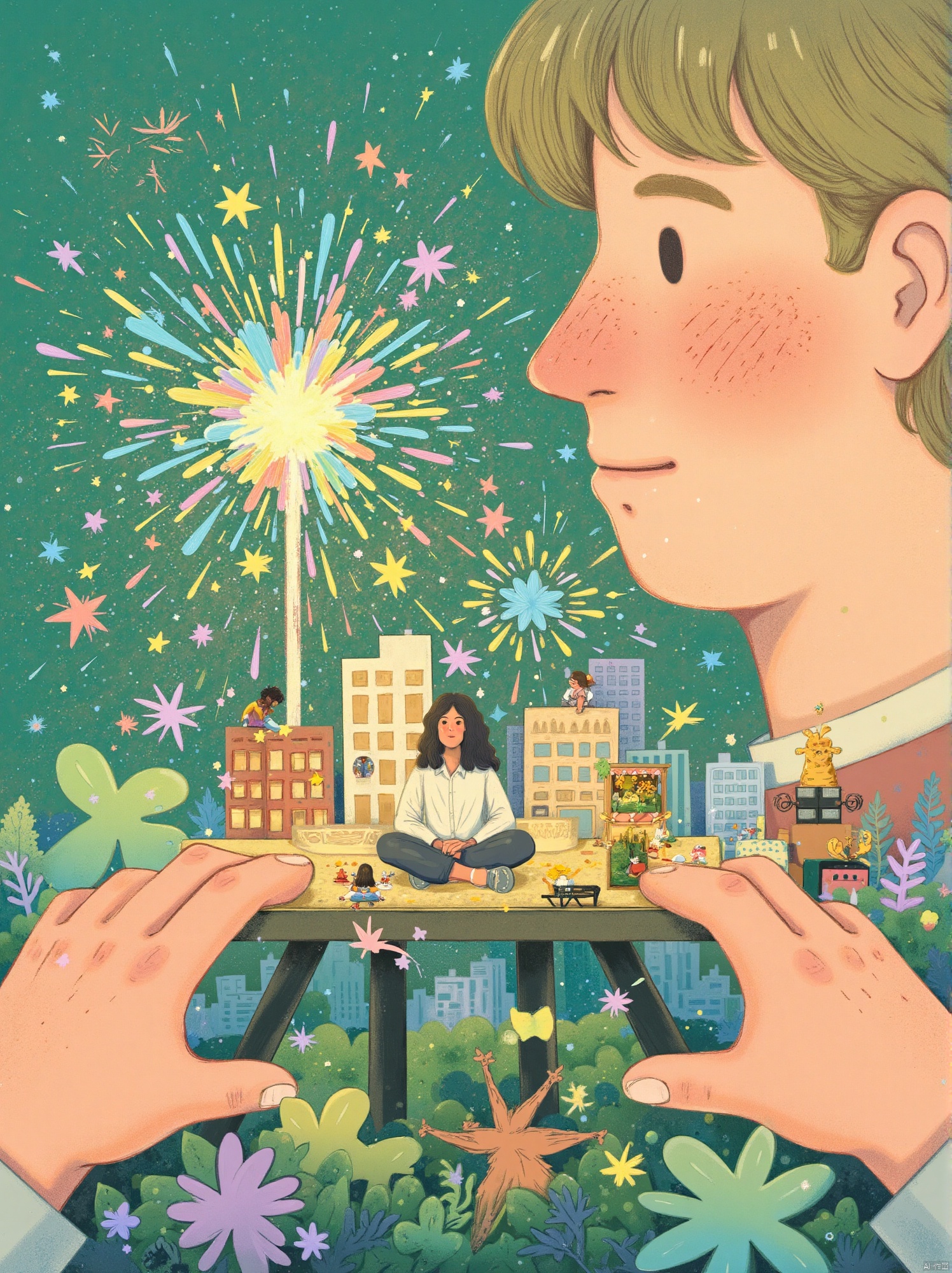 This whimsical illustration depicts a surreal, imaginative scene where scale and perspective collide. At the center, a tiny woman with long black hair, dressed in a white shirt and dark pants, sits cross-legged on a miniature platform. Surrounding her are model-like buildings, small trees, and vibrant splashes of color bursting upward, resembling creative energy or fireworks. The miniature platform is supported by two massive, realistic hands, their detailing emphasizing the juxtaposition of scale.

To the right, a giant face dominates the background with a warm, human-like expression, featuring rosy cheeks, a slightly upturned mouth, and a piercing gaze. The proportionally enlarged ear suggests attentiveness, as if the giant figure is intently listening to the smaller figure's actions. The backdrop is a gradient green and blue sky, adding depth and a dreamlike quality. This artwork captures themes of creativity, individuality, and the relationship between inner worlds and external perception, blending realistic textures with stylized, vibrant elements in an engaging, imaginative tableau.