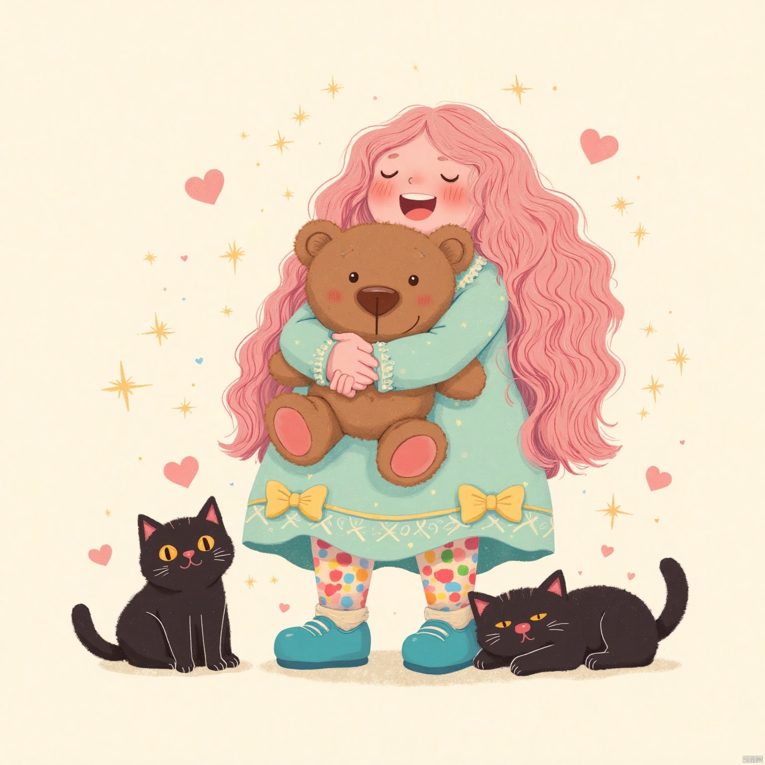 This illustration depicts a joyful young girl with long, wavy pink hair cascading down her back. Her expression radiates happiness as she tightly hugs a large brown teddy bear with obvious affection. She is wearing a light teal dress adorned with two yellow bows near the hem, over patterned stockings in bright, colorful polka dots. Her feet are clad in vibrant blue shoes that add an extra touch of playfulness to her outfit.

Surrounding her are two adorable black cats with striking orange eyes. One cat sits upright near her side with a curious expression, highlighted by a small pink heart above its head. The second cat lies playfully on its back near her feet, seemingly enjoying her presence as indicated by another heart. The background is neutral, accented with scattered tiny hearts and sparkles, contributing to the overall feeling of warmth and affection.

The illustration captures a sense of childlike joy and contentment, emphasizing themes of love, companionship, and comfort. It’s a whimsical, heartwarming scene filled with vibrant colors and endearing details.