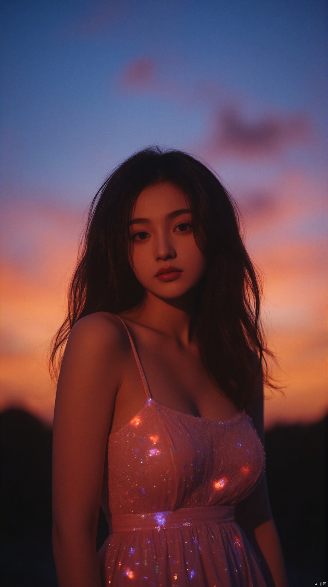 kodak film\(hubgstyle)\,a woman stands in front of a vibrant sunset. She is dressed in a sleeveless dress, adorned with a sheer pink hue. Her long, dark hair cascades over her shoulders, adding a touch of warmth to the scene. The woman's dress is adorned with sparkles of white and red, creating a striking contrast against the dark background. The sky is a deep blue, with a few wispy clouds in the upper right corner. The sun is setting in the distance, creating an orange hue.