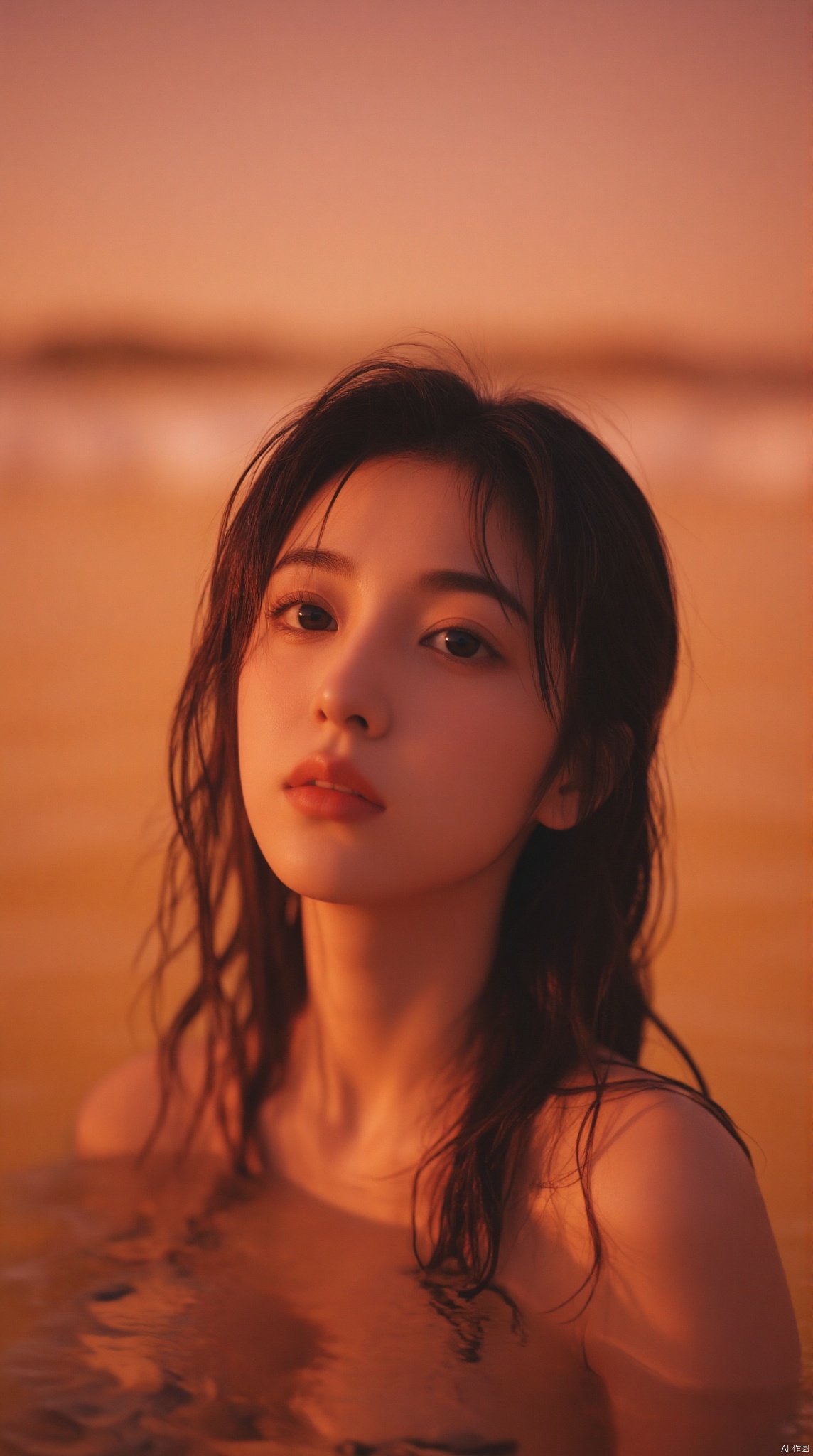 kodak film\(hubgstyle)\,a close-up shot of a young woman with long, wavy brown hair and dark brown eyes is seen in a body of water. The woman's face is angled slightly to the left, and her lips are painted a deep red, with a slight smile. Her eyes are slightly open, and she's looking to the right. The background is blurred, and the water is a vibrant orange, creating a soft glow.