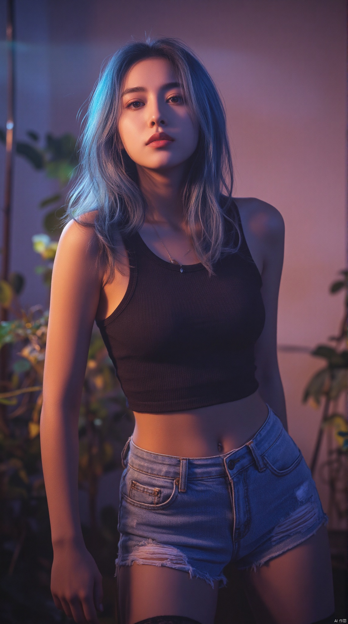 kodak film\(hubgstyle)\,hyperrealism, 21yo girl, solo, looking at viewer, blue hair, Pantyhose, Ripped denim shorts, wide shot, HDR, Vibrant colors, surreal photography, highly detailed, masterpiece, ultra high res, high contrast, mysterious, cinematic, fantasy, bright natural light,