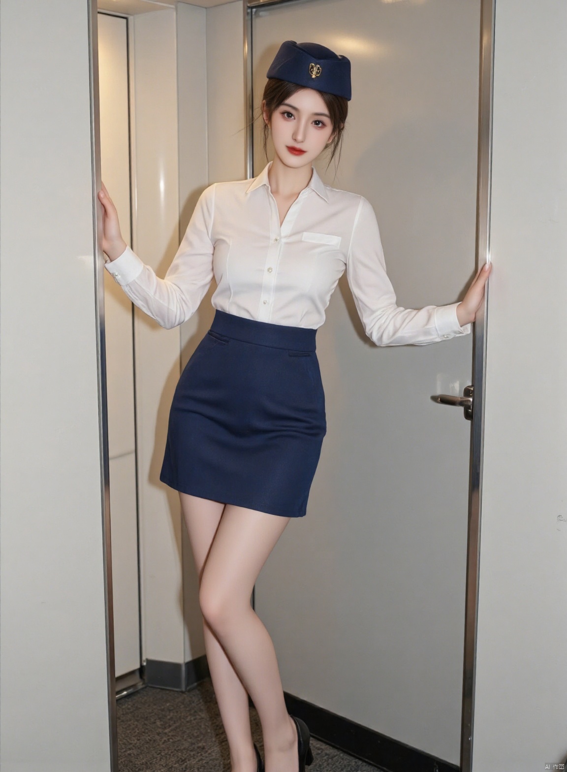 The flight attendant stands at the cabin door, with one hand resting on the doorframe. Her short brown hair lies smoothly on both sides of her cheeks. Under the blue hat, her smooth forehead is exposed. A white shirt is paired with a blue skirt. The cuffs of the long sleeves are neatly buttoned. The sheen of the stockings is faintly visible under the light. The black leather shoes on her feet are shiny. The corners of her mouth are upturned and her eyes are kind, as if she is welcoming every passenger.,complete hand,Stewardess uniform