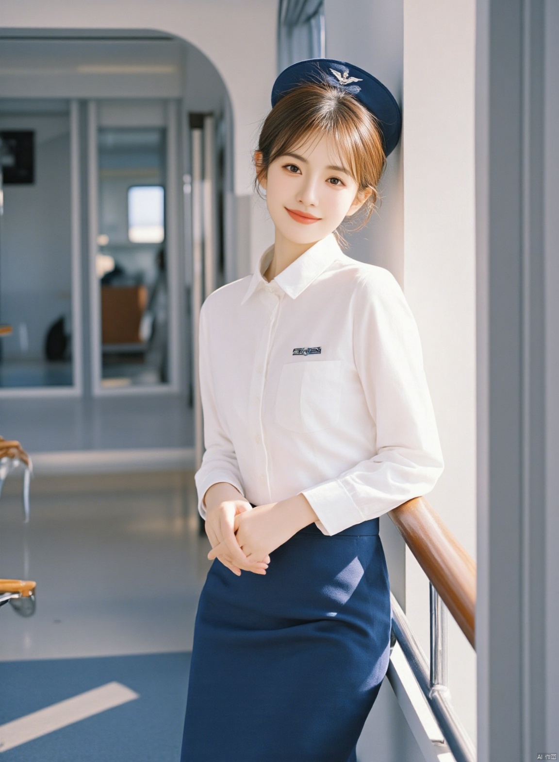 This is an Asian girl smiling at the viewer. He has neat short brown hair, wears a blue military cap-style headdress, and has bright brown eyes.
Wearing a white long-sleeved shirt and a blue pencil skirt, paired with stockings, she stood gracefully beside the railing indoors with her hands crossed on her chest.,Stewardess uniform