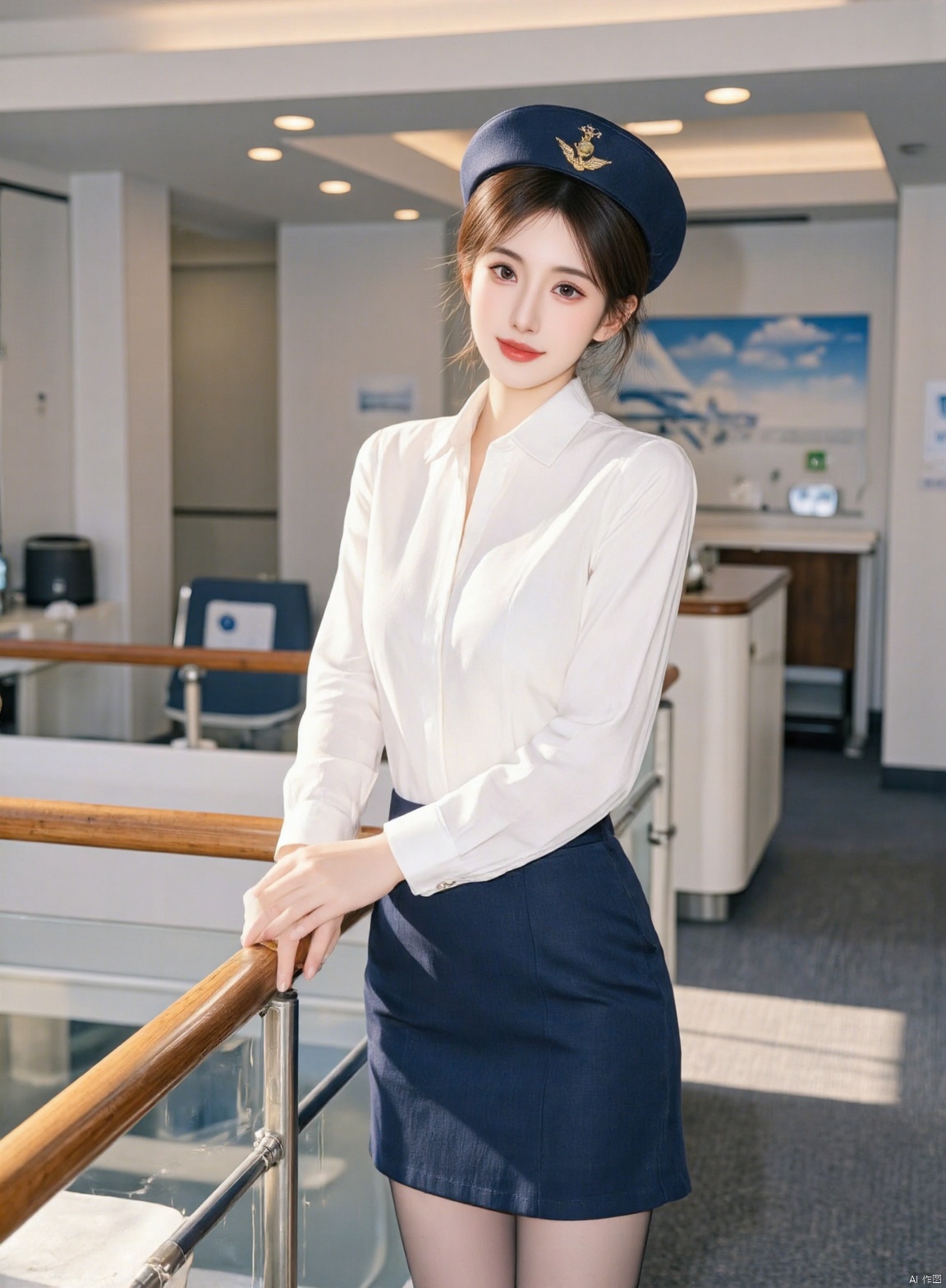 This is an Asian girl smiling at the viewer. He has neat short brown hair, wears a blue military cap-style headdress, and has bright brown eyes.
Wearing a white long-sleeved shirt and a blue pencil skirt, paired with stockings, she stood gracefully beside the railing indoors with her hands crossed on her chest.,Stewardess uniform