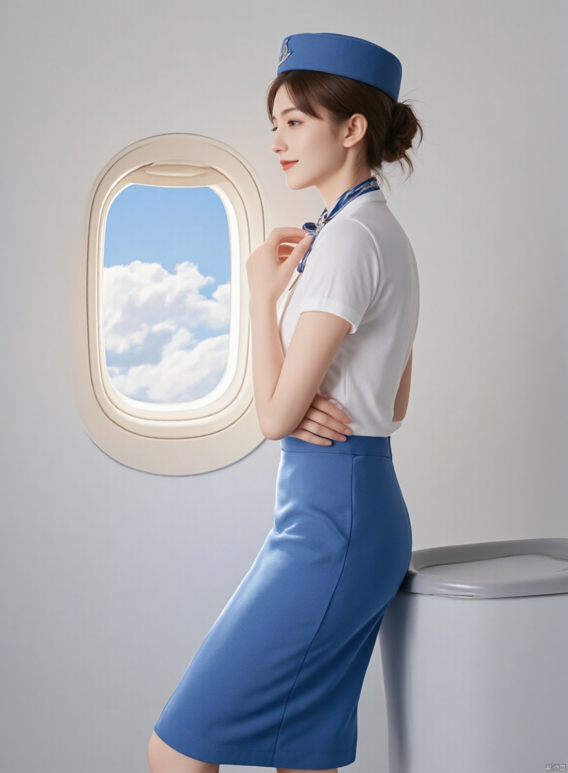 Beautiful flight attendant stands sideways with a smile on her face. Her short brown hair is slightly curly. The blue flight attendant hat is neatly worn on her head. At the neckline of the white shirt is a delicate silk scarf. Under the blue slim skirt are a pair of straight legs, paired with transparent stockings, looking elegant and charming. Behind is the plane's porthole with white clouds floating outside.,Stewardess uniform,complete hand