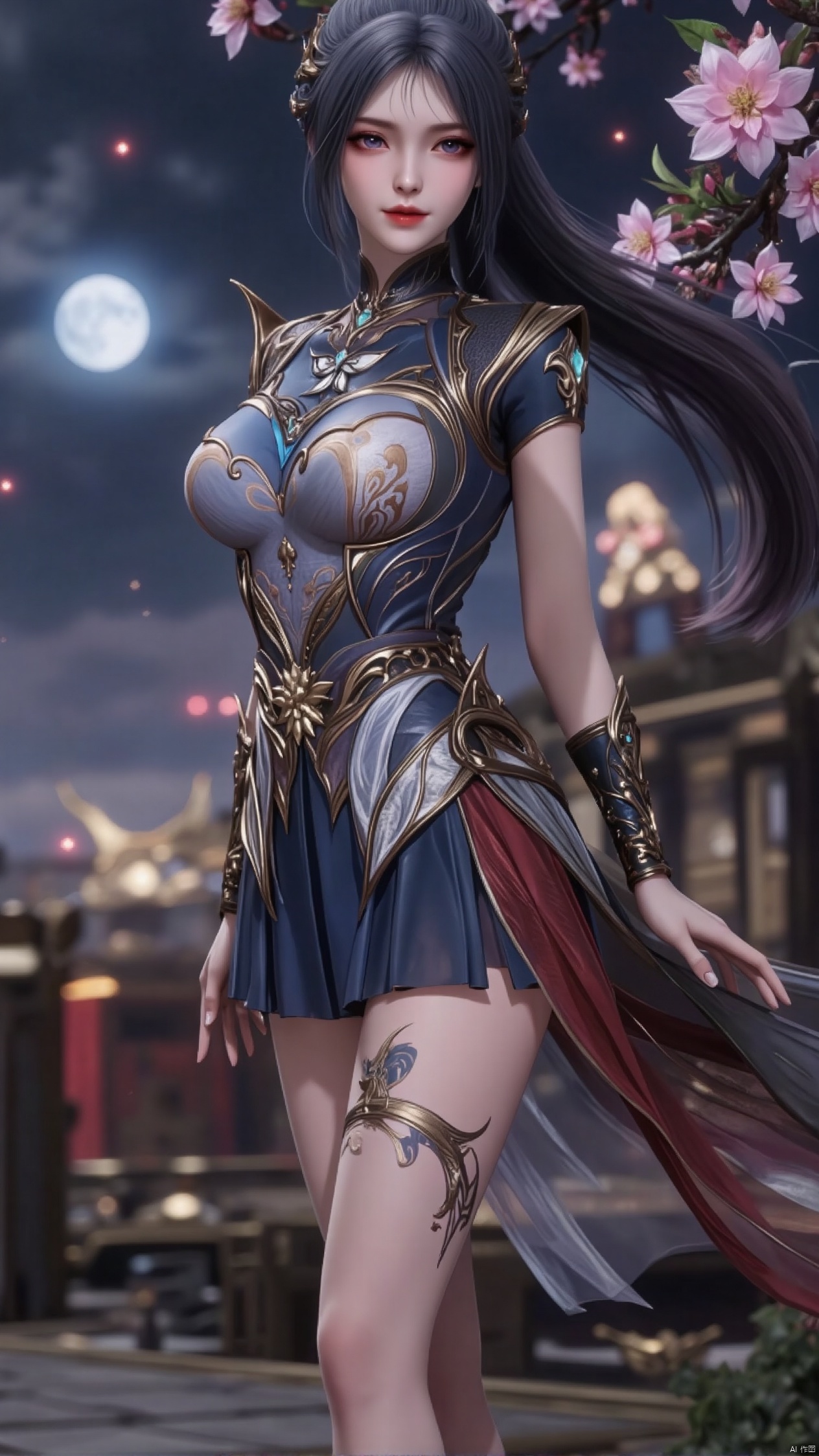 Against the moonlit backdrop of the royal garden, a girl with long, straight black hair stood, one leg bent over her knee, the other out, as if ready to jump. She wore a modern qipao, a high-necked crop top and a short, flowing skirt that accentuated her thighs. The dragon tattoo on her thigh glistens in the moonlight, and as she reaches out to pluck a flower from a cherry tree, her gesture blends serene grace with subtle power.