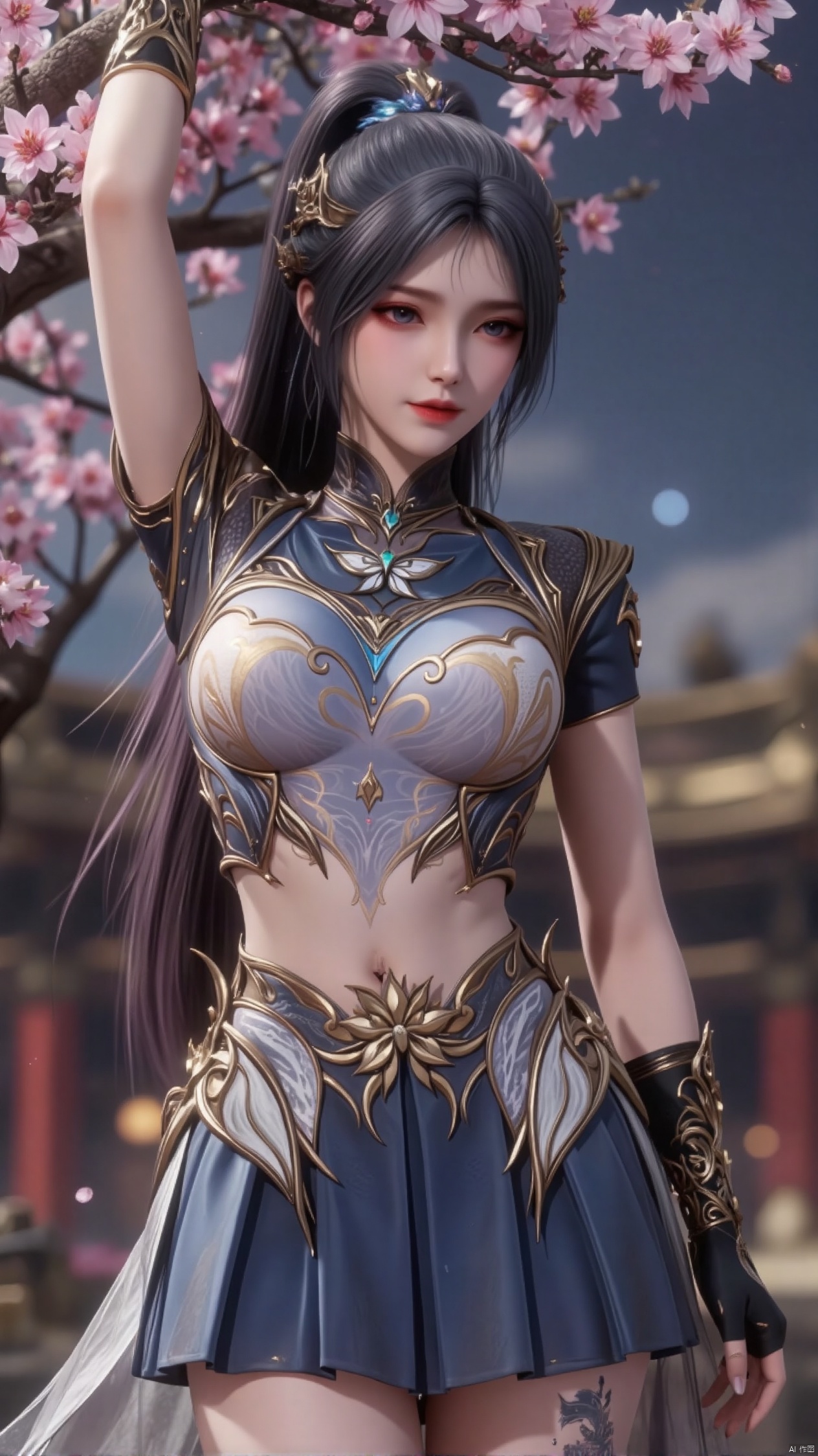 Against the moonlit backdrop of the royal garden, a girl with long, straight black hair stood, one leg bent over her knee, the other out, as if ready to jump. She wore a modern qipao, a high-necked crop top and a short, flowing skirt that accentuated her thighs. The dragon tattoo on her thigh glistens in the moonlight, and as she reaches out to pluck a flower from a cherry tree, her gesture blends serene grace with subtle power.