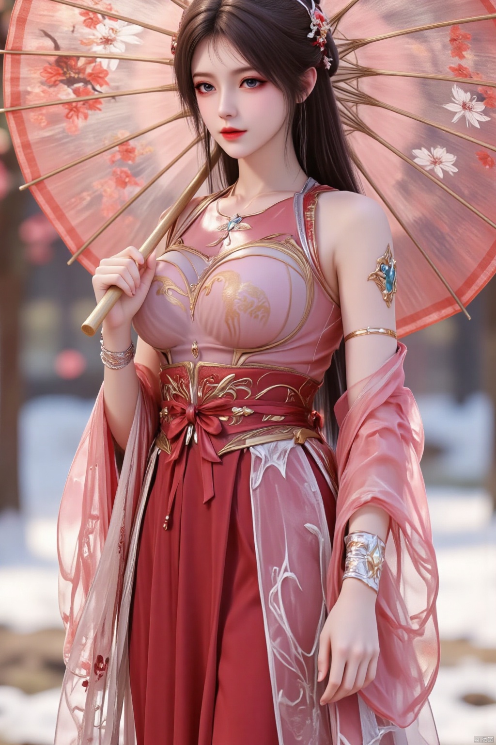 A girl in a red Hanfu, shown in a seven - part body shot, is holding a West Lake silk umbrella with plum blossom patterns on its translucent surface. The scene features light and shadow mottling, presenting a great view. She exudes an elegant and feminine charm. She is standing in a snow - covered ground full of red plum blossoms. UHD, with textured skin.