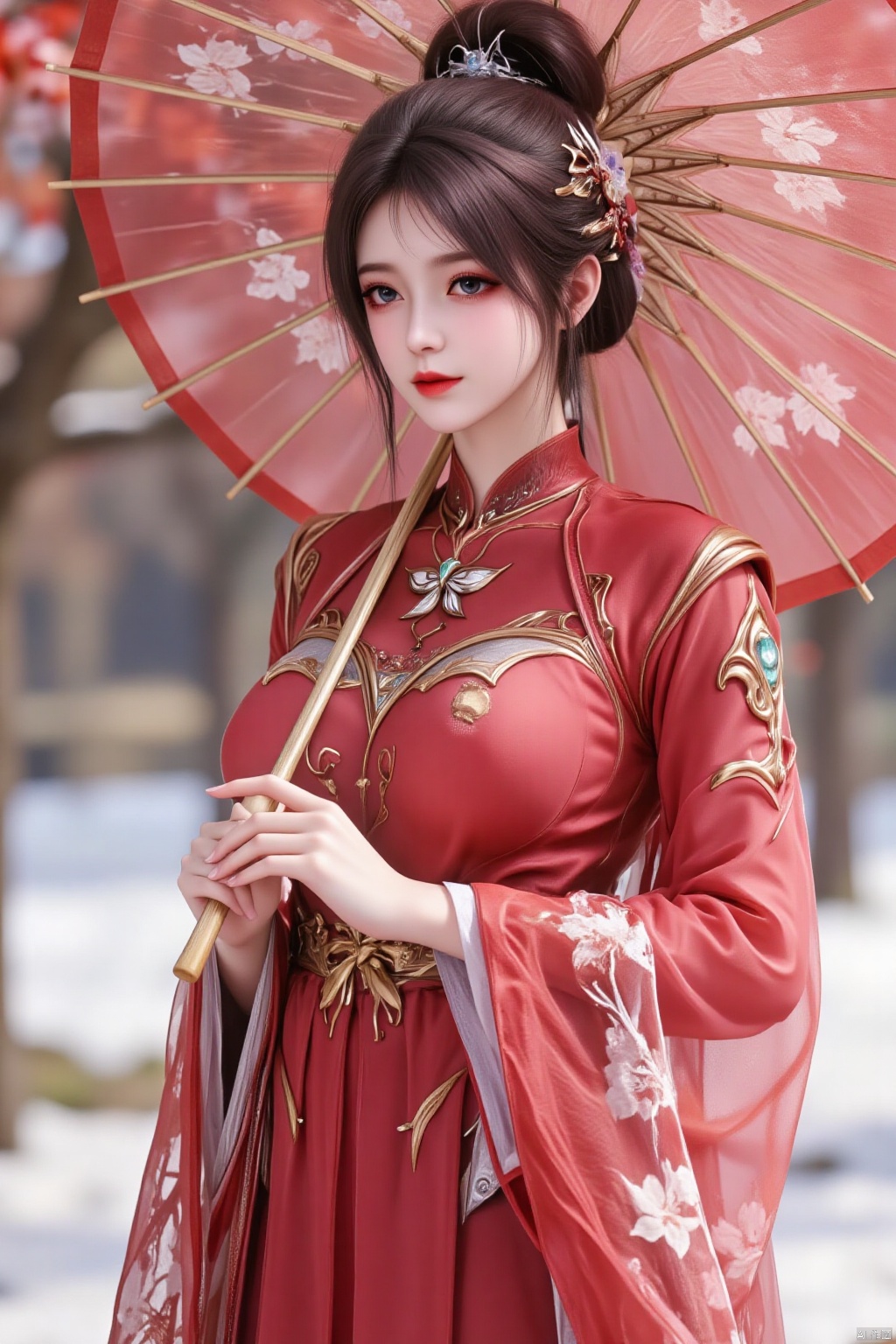 A girl in a red Hanfu, shown in a seven - part body shot, is holding a West Lake silk umbrella with plum blossom patterns on its translucent surface. The scene features light and shadow mottling, presenting a great view. She exudes an elegant and feminine charm. She is standing in a snow - covered ground full of red plum blossoms. UHD, with textured skin.