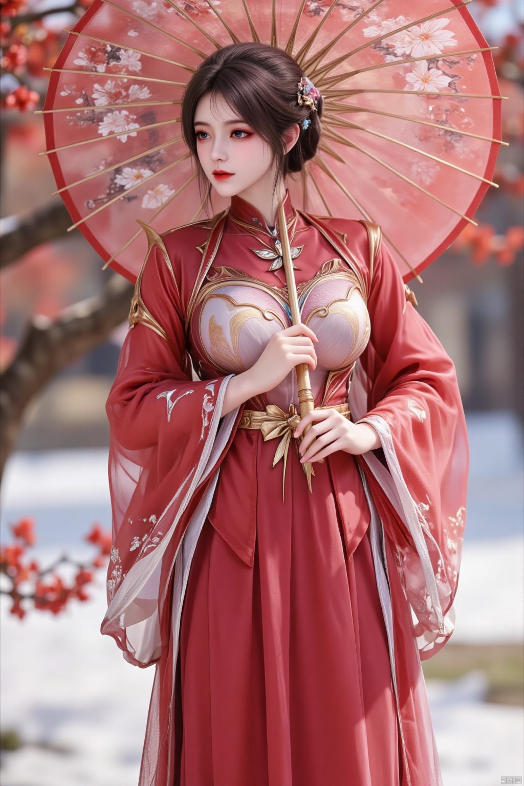 A girl in a red Hanfu, shown in a seven - part body shot, is holding a West Lake silk umbrella with plum blossom patterns on its translucent surface. The scene features light and shadow mottling, presenting a great view. She exudes an elegant and feminine charm. She is standing in a snow - covered ground full of red plum blossoms. UHD, with textured skin.