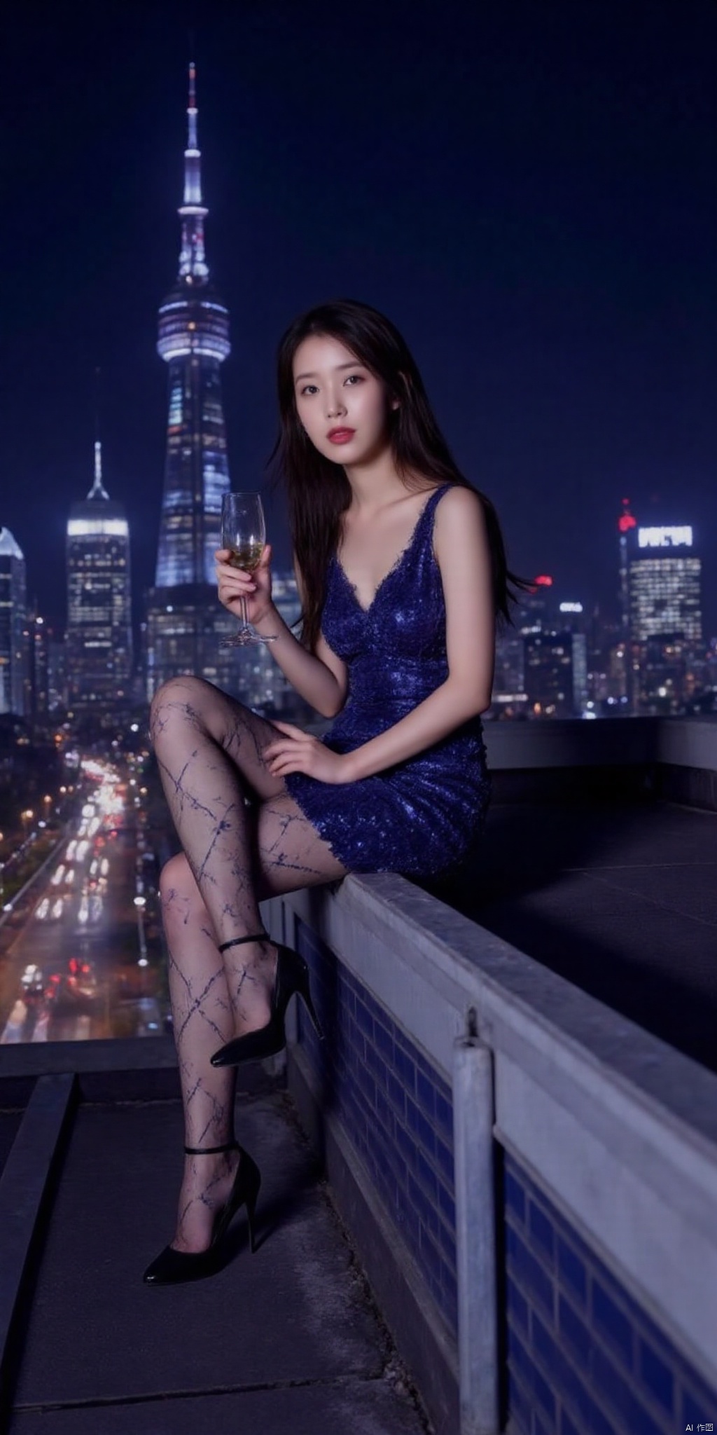 真人肌肤纹理, 4K画质,完美身材,long legs,big_breasts,navel,Movie scenes, works of portrait photography masters, architectural photography, bright night sky, bustling city, neon lights, light and shadow formed by car lights driving fast on the street, 
a young  woman sitting lazily on the roof wall of a skyscraper ,  in front of the camera, wearing a blue low-cut evening dress,Sequin dress ,,high_heels ,one hand holding a glass of wine, one leg bent, the wind on the roof blew the hair and dress.,argyle legwear,star(symbol\),siwa,