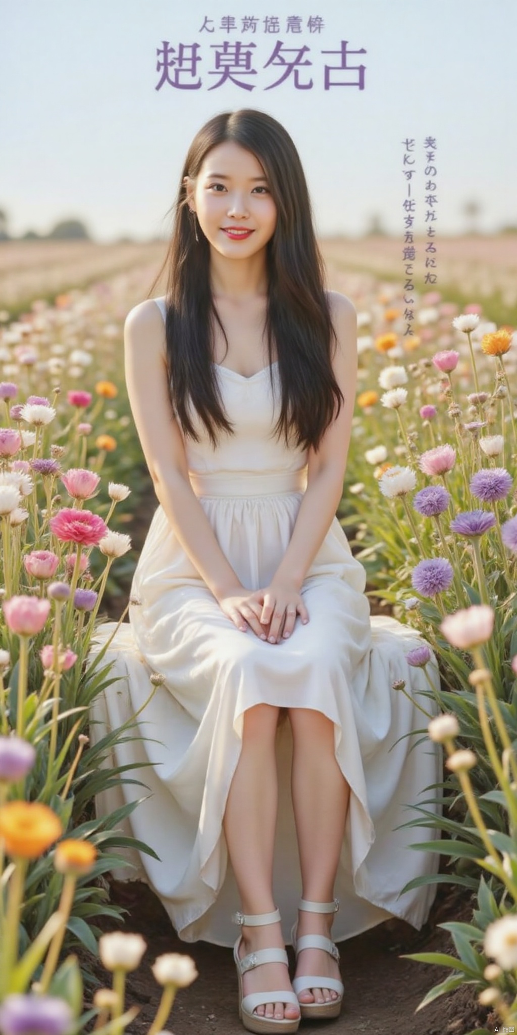 ,(Good structure), DSLR Quality,Depth of field,kind smile,looking_at_viewer,Dynamic pose,, best quality, masterpiece, illustration, (reflection light), incredibly absurdres, ((Movie Poster), (signature:1.3), (English text), 1girl, girl middle of flower, pure sky,clear sky, outside, collarbone, sitting, absurdly long hair, clear boundaries of the cloth, white dress, fantastic scenery, ground of flowers, thousand of flowers, colorful flowers, flowers around her, various flowers,bare shoulders,skirt, sandals,, , weddingdress, , 