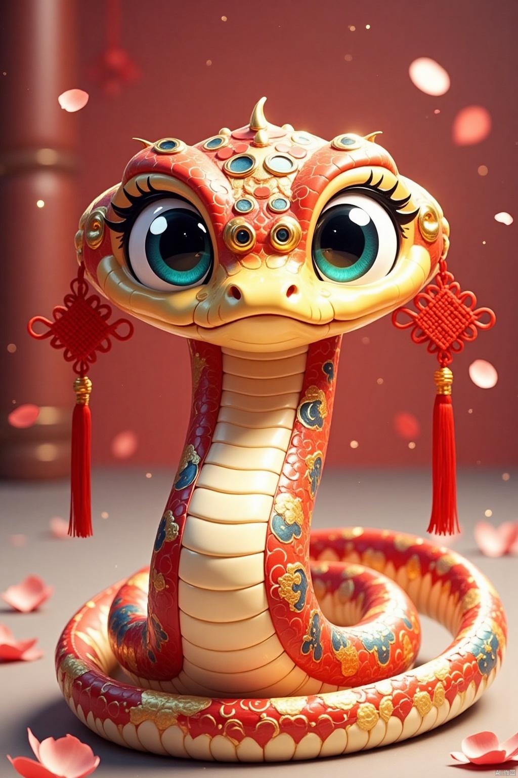 qfs,solo, snake,looking at viewer, blue eyes, up body, indoors, blurry, petals, no humans, animal, tassel, gold,watercolor