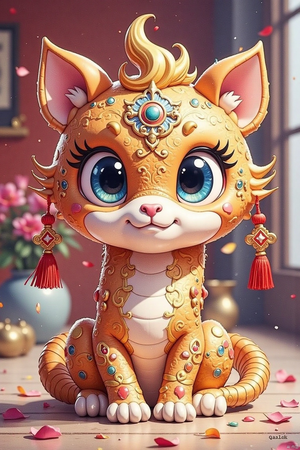 qfs,solo, looking at viewer, blue eyes, full body, indoors, blurry, petals, no humans, animal, tassel, gold,watercolor