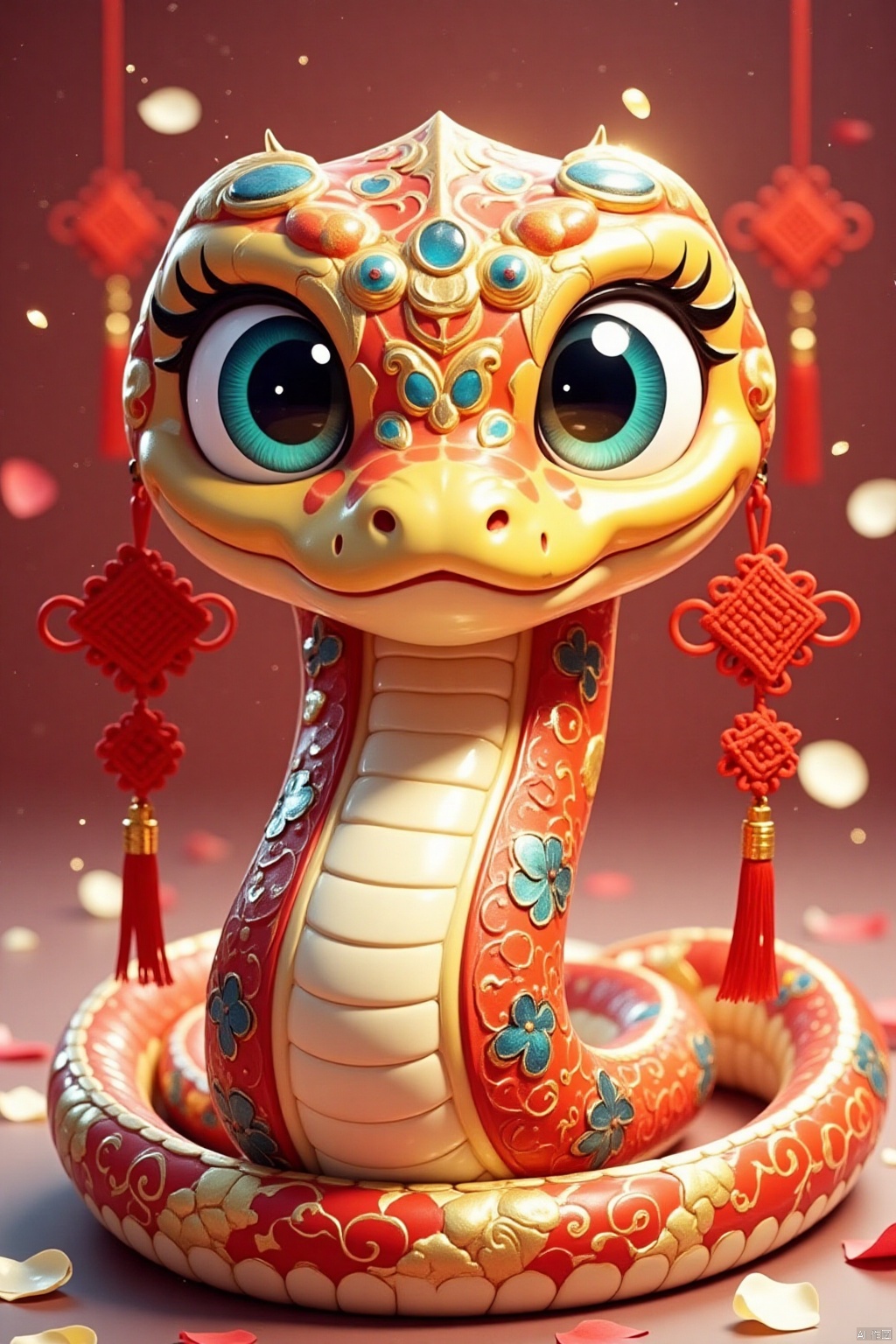 qfs,solo, snake,looking at viewer, blue eyes, up body, indoors, blurry, petals, no humans, animal, tassel, gold,watercolor