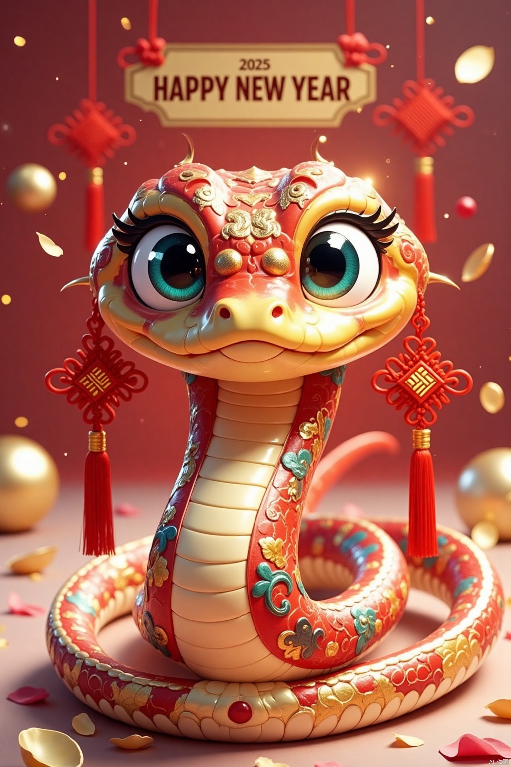 qfs, solo, snake, looking at viewer, blue eyes, full body, indoors, blurry, petals, no humans, animal, tassel, gold, a text box says "2025 happy new year" above