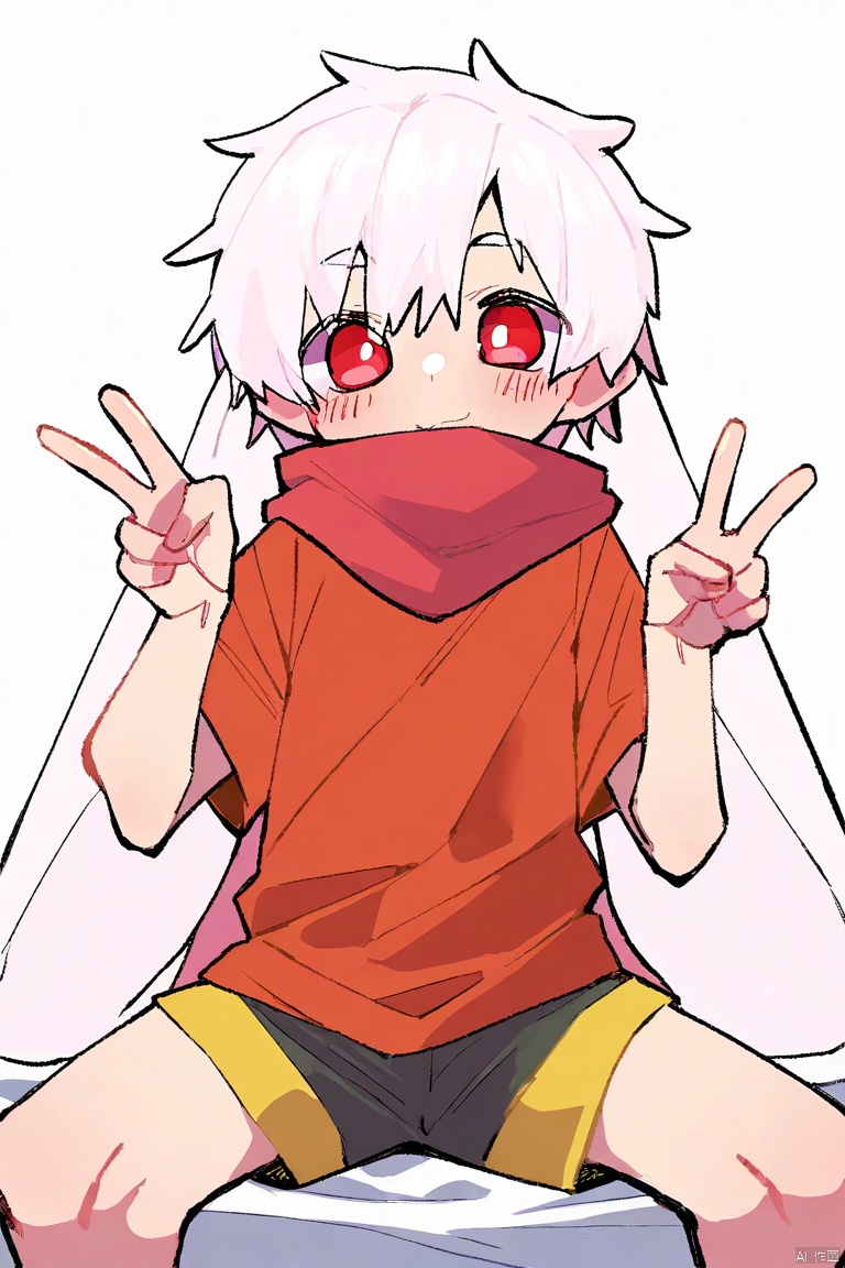 nploser,[deformed],
solo,male_focus,shota,
vup_bai, white hair,short hair,red eyes,floppy ears,lop rabbit ears, red scarf, red yellow t-shirt, black shorts, yellow shorts,
BREAK,
from_side, boy sitting on bed, spreading legs, v, double v,
(masterpiece,best quality),