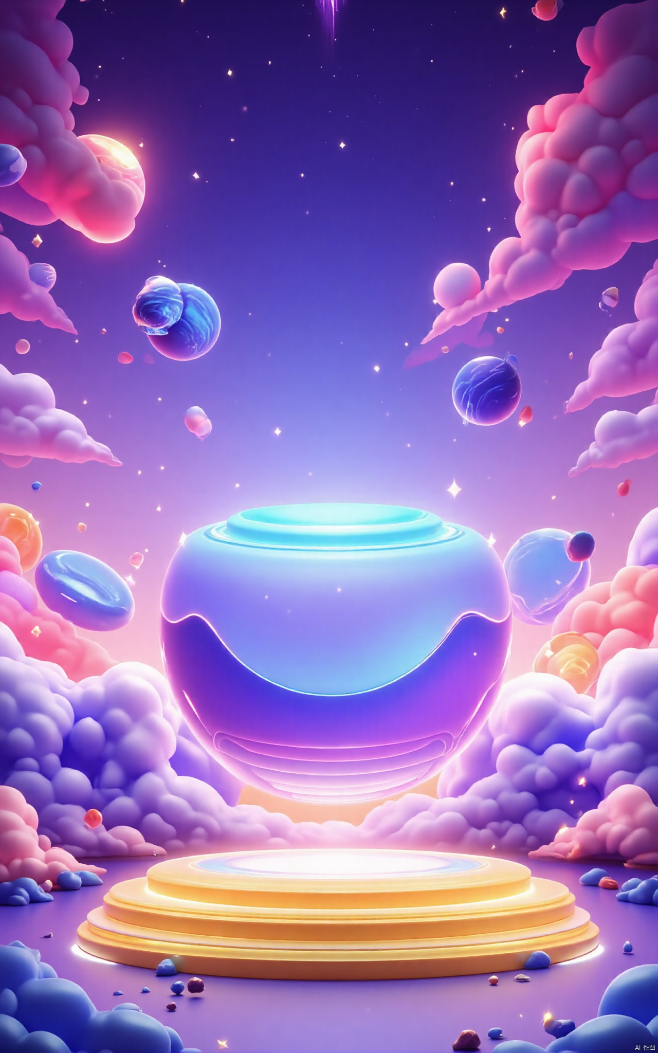 professional 3d model,anime artwork pixar,3d style,good shine,OC rendering,highly detailed,volumetric,dramatic lighting, 3d\(hubgstyle)\,a round podium on the ground in the middle,clouds,starry sky,planets in the sky,glowing beam in the background, beautiful colorful background,very beautiful,masterpiece,best quality,super detail,anime style,key visual,vibrant,studio anime
