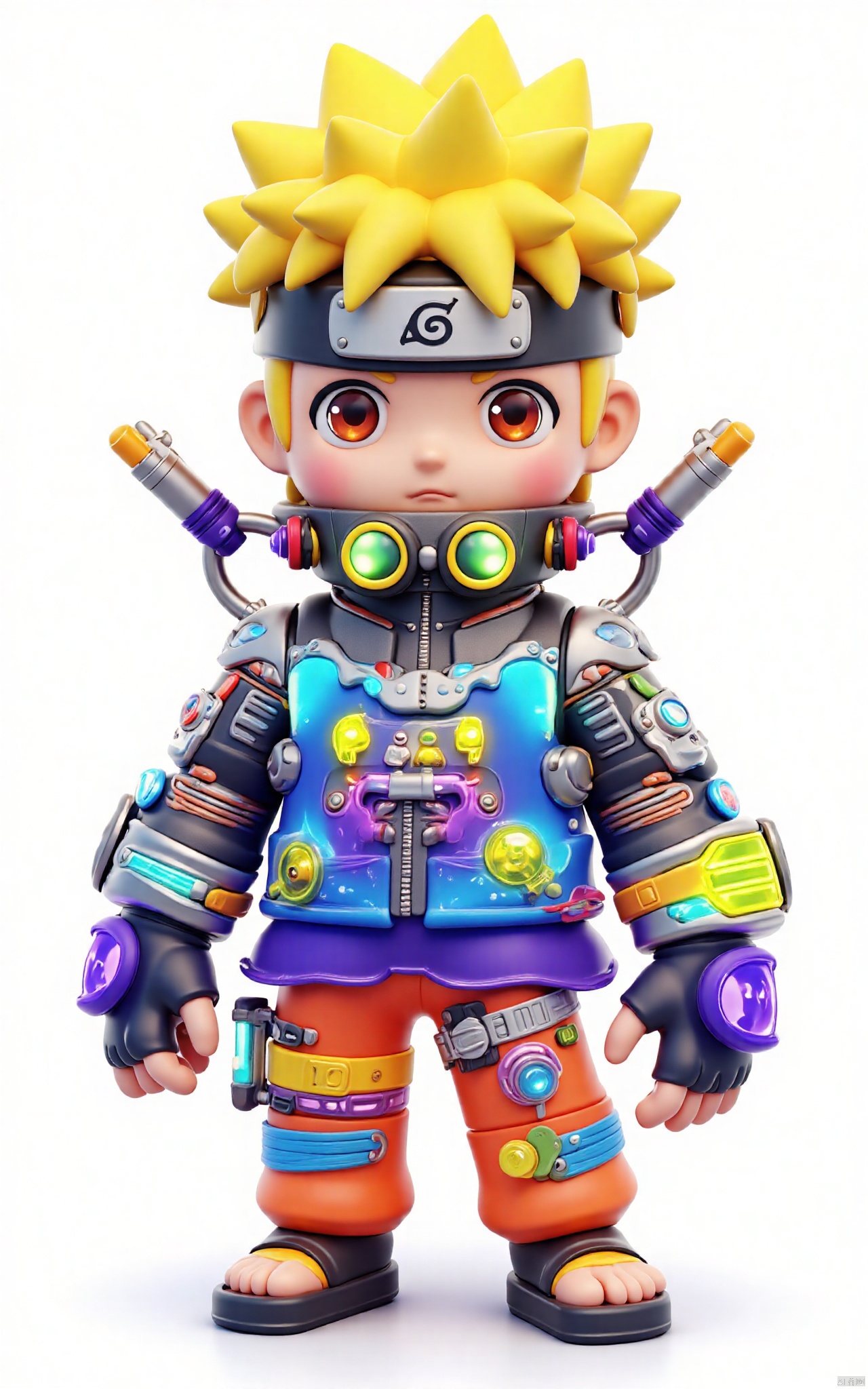 (cute,Naruto Uzumaki),Naruto Uzumaki in a 3D rendering with a cyborg twist. His body features neon glowing body parts,giving him a mechanical and colorful appearance. Despite the cyborg enhancements,Naruto retains his characteristic cuteness,blending elements of technology and charm in a visually captivating manner.