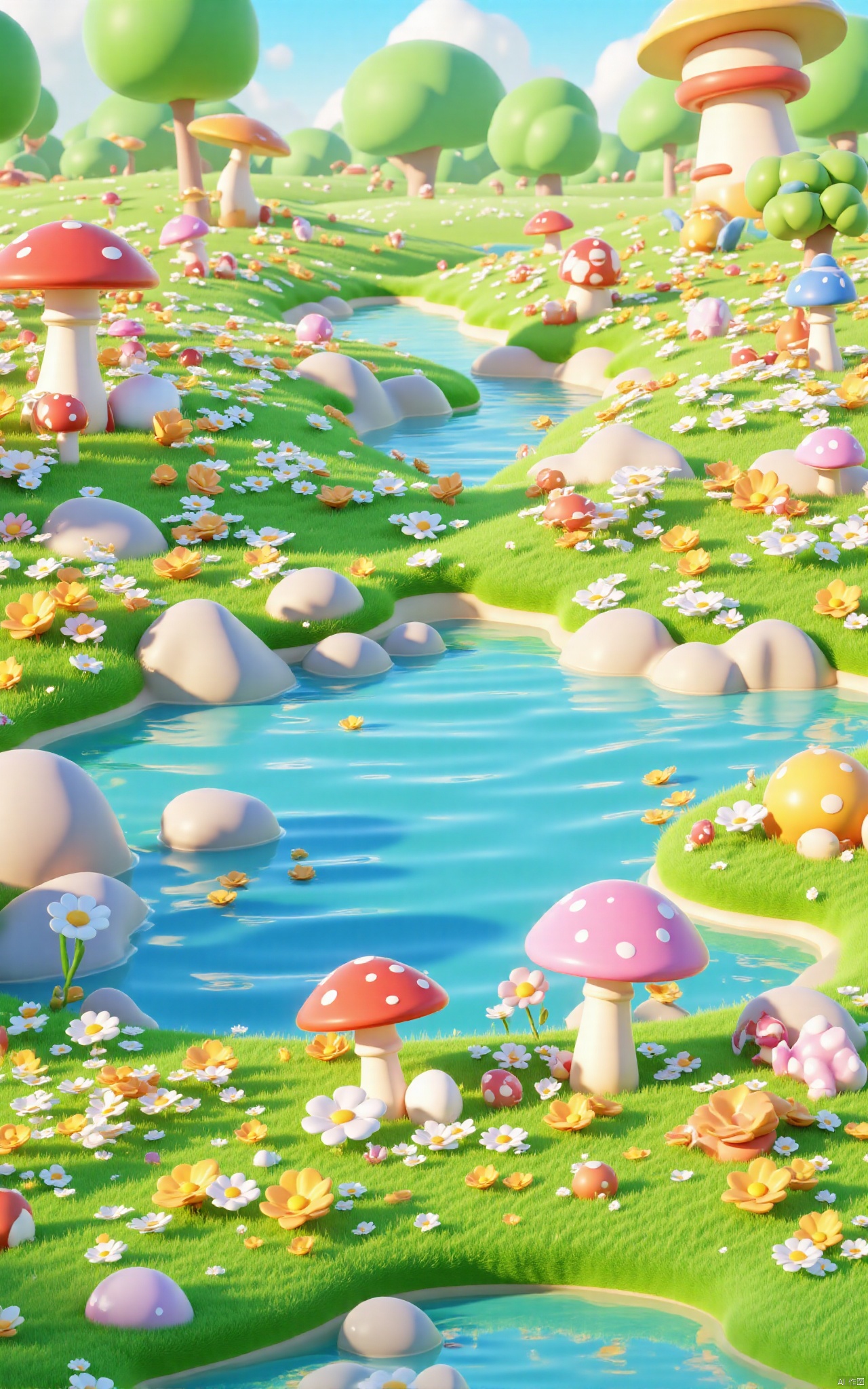 professional 3d model,anime artwork pixar,3d style,good shine,OC rendering,highly detailed,volumetric,dramatic lighting, 3D_style, outdoors,water,sky,day,cloud,flower, E-commerce booth, grass,scenery,mushroom, green theme, beautiful colorful background,very beautiful,masterpiece,best quality,super detail,anime style,key visual,vibrant,studio anime