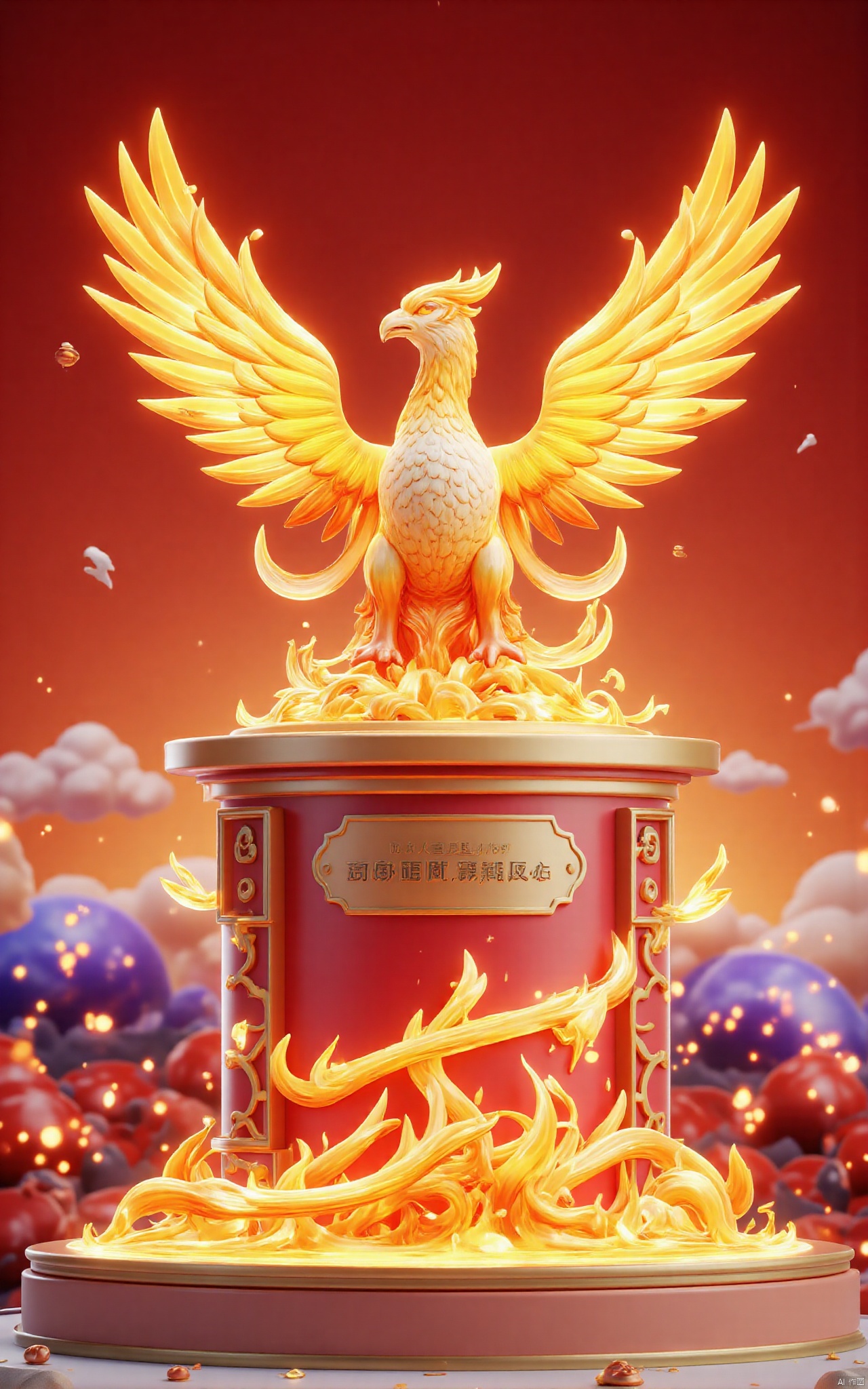 professional 3d model,anime artwork pixar,3d style,good shine,OC rendering,highly detailed,volumetric,dramatic lighting, 3d\(hubgstyle)\,a elegant and very elegant burning phoenix with very long tail feathers,above a round podium,Surrealism Dream Style,West Journey Style, beautiful colorful background,very beautiful,masterpiece,best quality,super detail,anime style,key visual,vibrant,studio anime