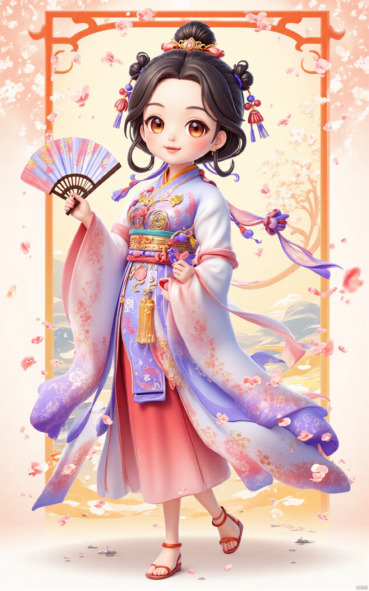 Best quality, masterpiece, 1 girl, chibi, wearing hanfu, [Chinese Valentine's Day theme],low saturation theme, looking at viewer,embroidered robe with exquisite details, gentle and demure disposition, elegant and graceful movements, silk slippers with golden embroidery,Arch bridge, slustrous black hair styled in a neat bun, graceful and precise hand movements, a humble and obedient demeanor, surrounded by the fragrance of flowers and the sound of flowing water,Handheld fan,fan,Chinese fan