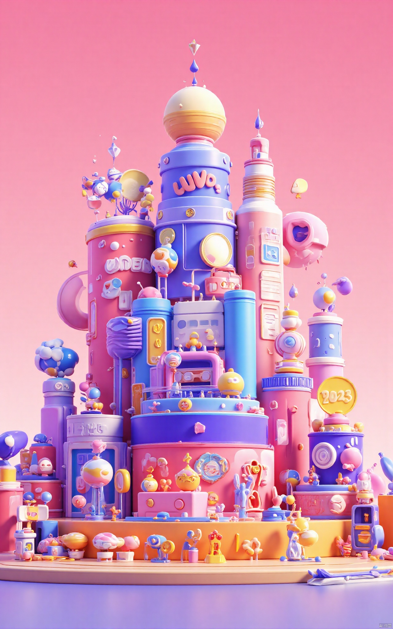 professional 3d model,anime artwork pixar,3d style,good shine,OC rendering,highly detailed,volumetric,dramatic lighting, building,circular,powder,city background,pink,cartoon, beautiful colorful background,very beautiful,masterpiece,best quality,super detail,anime style,key visual,vibrant,studio anime