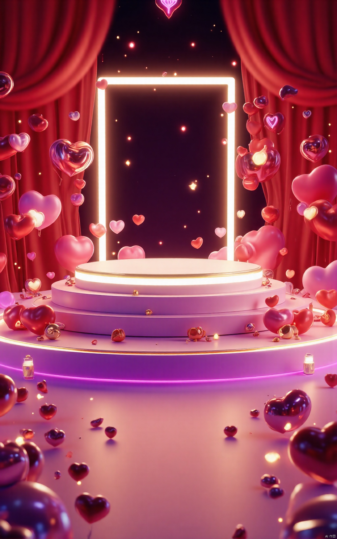 professional 3d model,anime artwork pixar,3d style,good shine,OC rendering,highly detailed,volumetric,dramatic lighting, 3D_style, a round podium on the ground in the middle, Valentine's Day theme, glowing hearts, a door shape frame in the background, dark lighting, beautiful colorful background,very beautiful,masterpiece,best quality,super detail,anime style,key visual,vibrant,studio anime