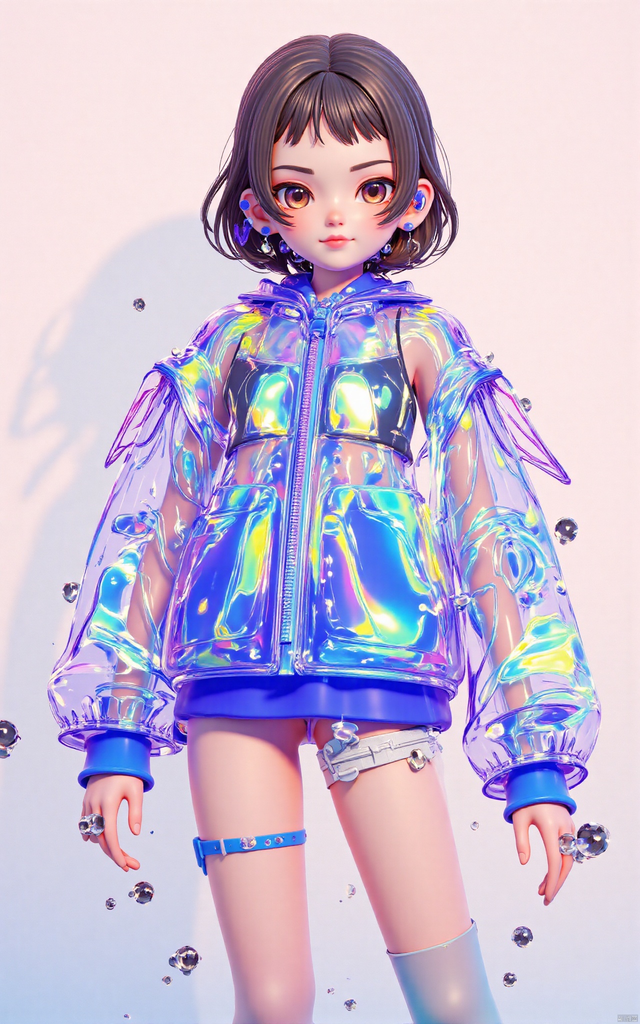 transparent color PVC clothing,transparent color vinyl clothing,prismatic,holographic,chromatic aberration,fashion illustration,masterpiece,girl with harajuku fashion,