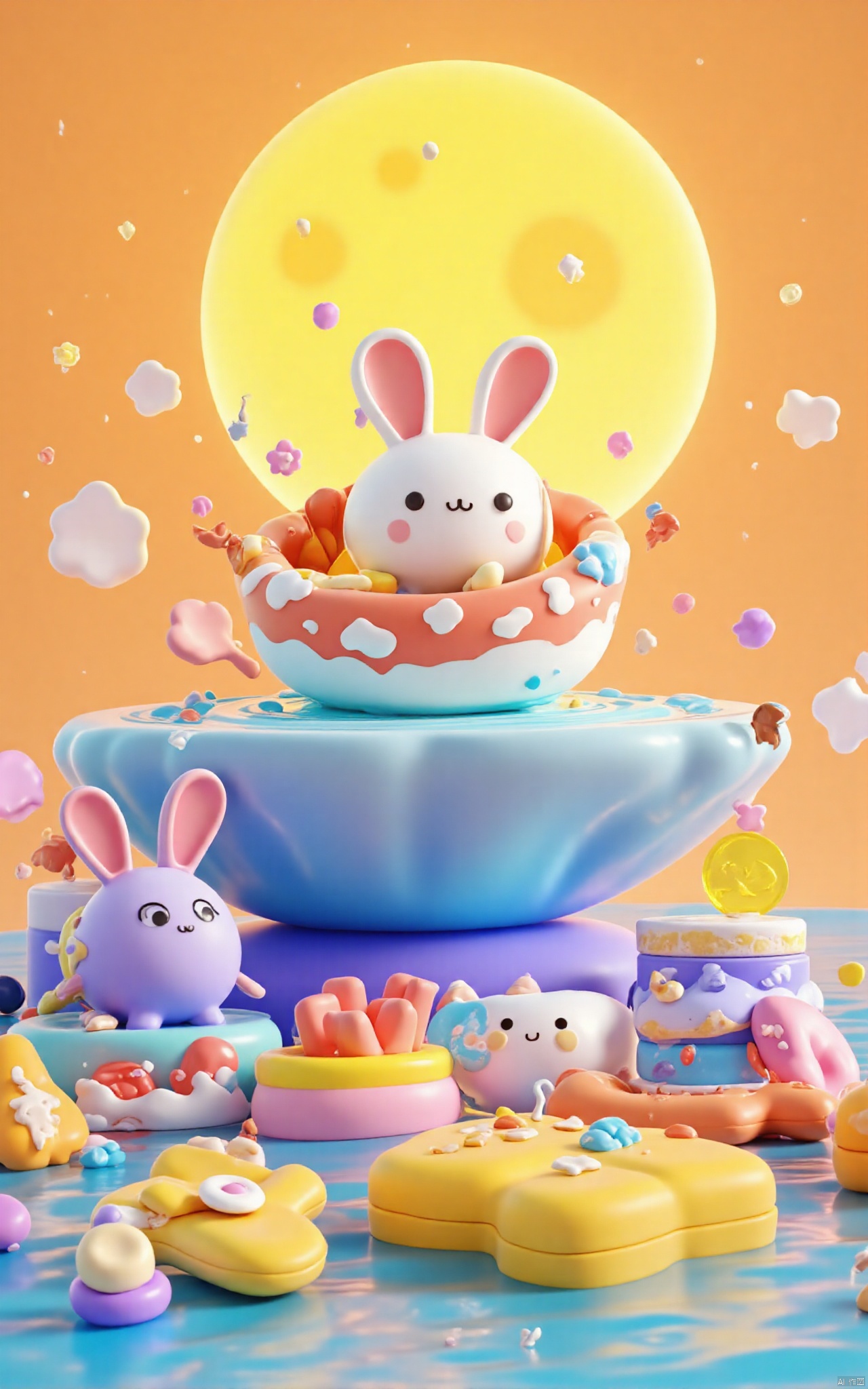 professional 3d model,anime artwork pixar,3d style,good shine,OC rendering,highly detailed,volumetric,dramatic lighting, Bunny boat in water, clay, Bubble Matt Style, beautiful3D Ul moon cakes, a 3D moon model with yellow glow,miniature landscape, soft color, beautiful colorful background,very beautiful,masterpiece,best quality,super detail,anime style,key visual,vibrant,studio anime