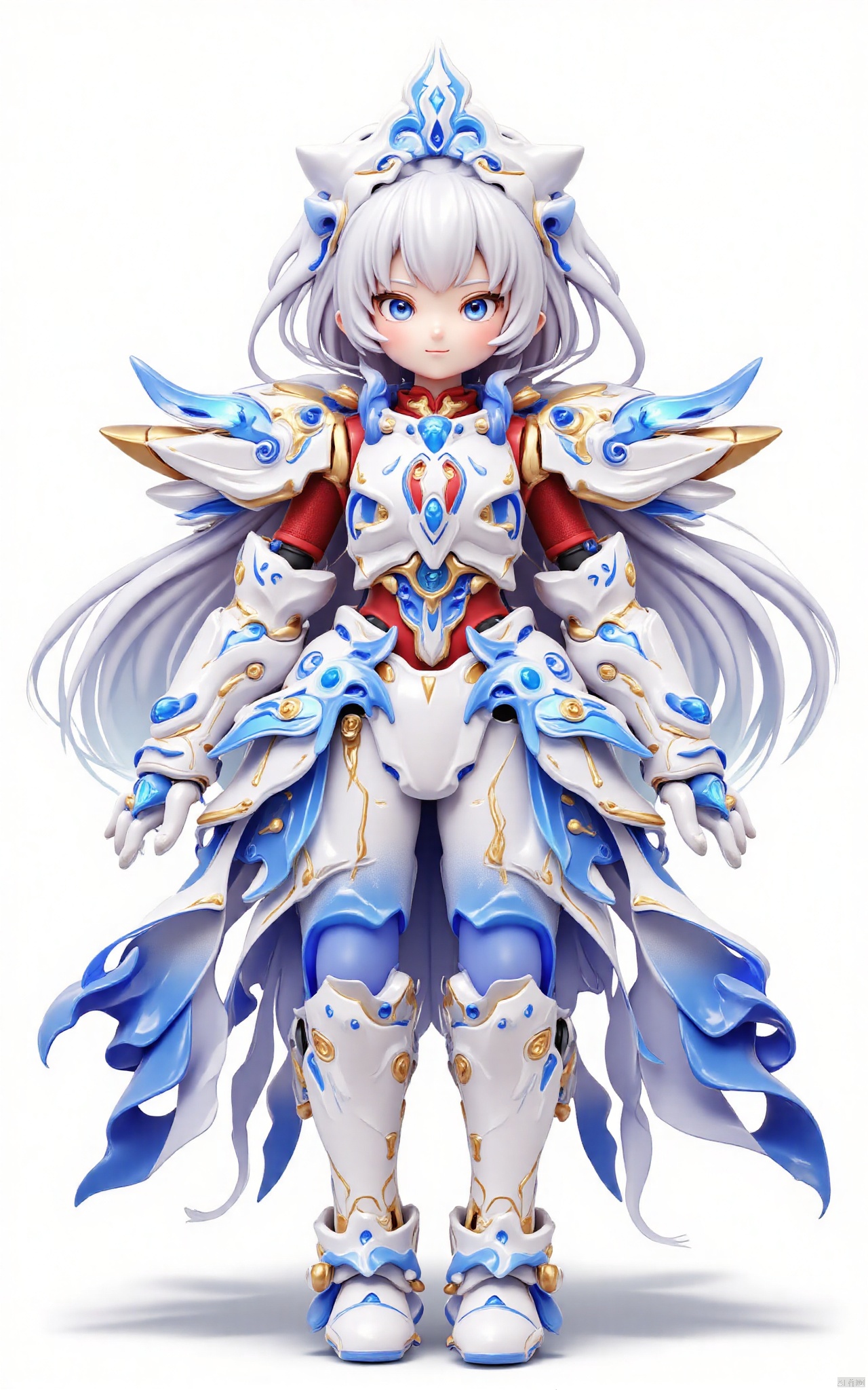 front_view,(1girl,looking at viewer),long white hair,mechanical white armor,intricate armor,delicate blue filigree,intricate filigree,red metalic parts,detailed part,dynamic pose,
