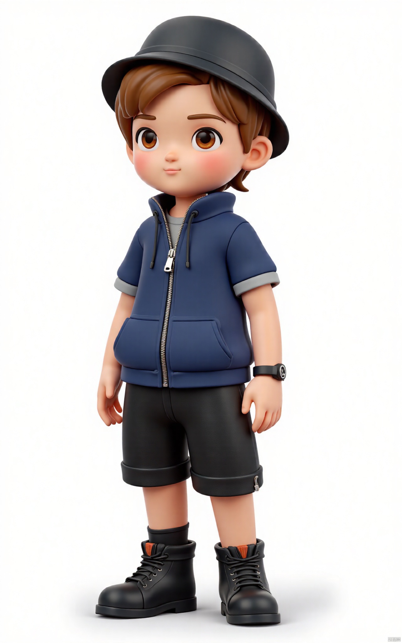 3D IP\(hubgstyle)\, pixar style, cute, boy, light brown hair, dark blue zip up, black capri pants, big designer boots, small dark gray Bucket Hat, black watch, black socks,3d style