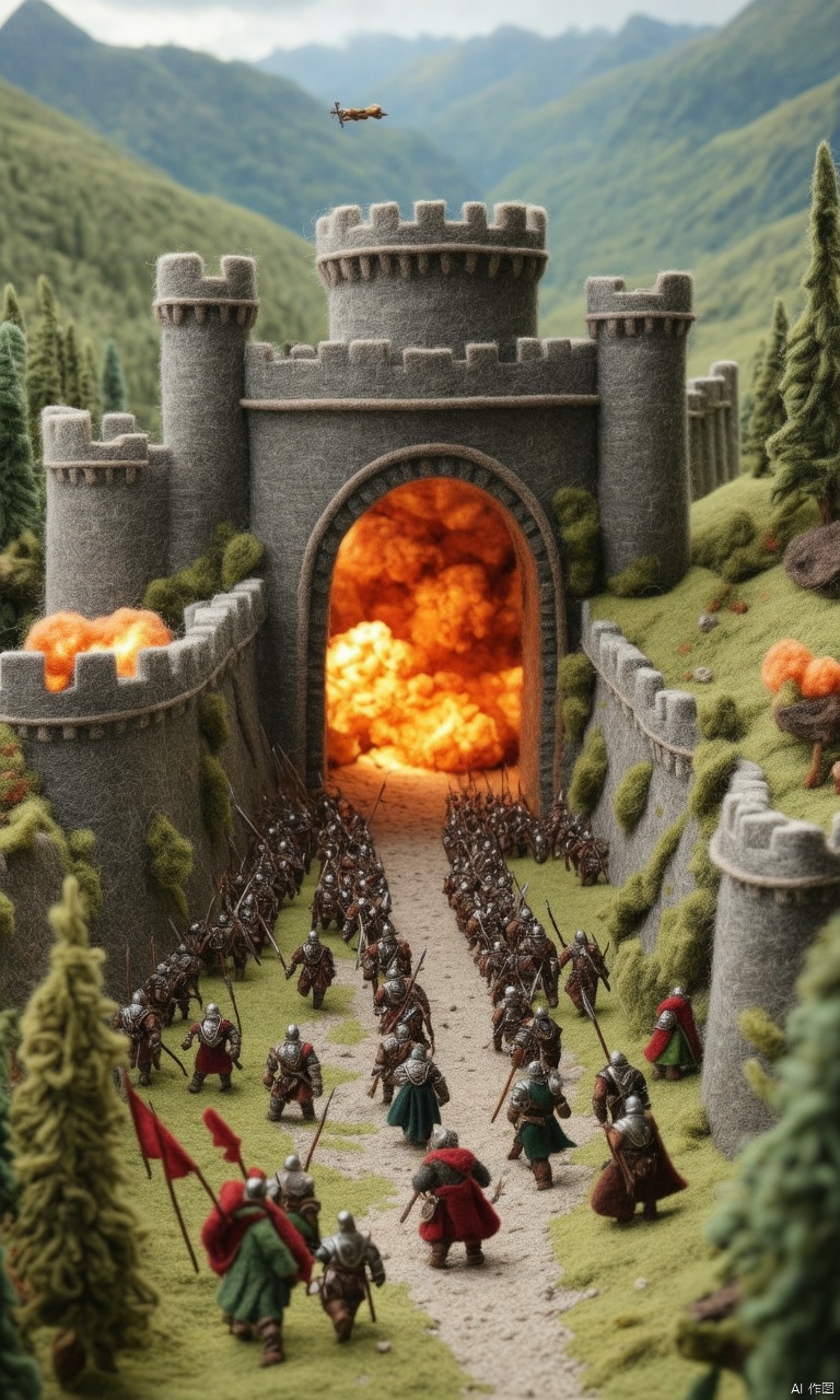 Close-up of the cute Felt\(hubgstyle)\ sculpture of miniature scene showing the Battle of the Helm's Deep, tilt-shift photo, by Alexey Merinov, winner of the CG Association competition, photorealism, A close-up of the moment the orcs detonate the explosives at the culvert, creating a massive breach in the wall of Helm's Deep. The explosion sends debris flying in all directions, and orcs pour through the opening while the defenders rush to hold the line, hyper Detailed, masterpiece, 16K UHD.