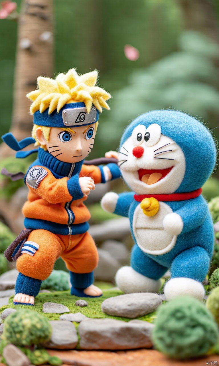 Close-up of a Felt\(hubgstyle)\ sculpture in the form of Naruto is dueling with Doraemon in a gorgeous,