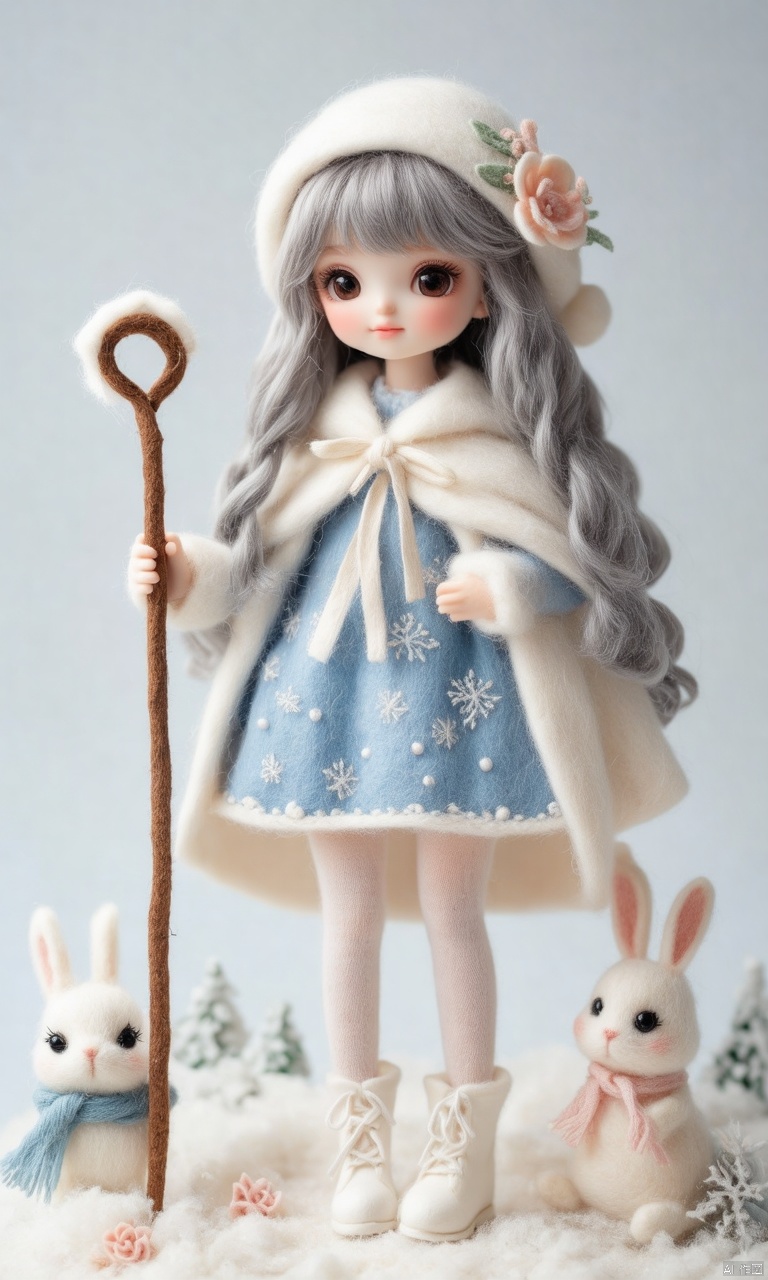 Close-up of the cute hubggirl Felt\(hubgstyle)\ sculpture with with White Lolita outfit ,dress, long hair, white background, bangs, pantyhose, full body, holding, looking at viewer, white footwear, long sleeves, standing, blue dress, simple background, solo, snowflake print, white cape, cape, black pantyhose, blush, grey hair, parted lips, blue hair, hat, staff, flower, boots, hair ornament, rabbit, clothed animal, very long hair, holding staff, fur trim