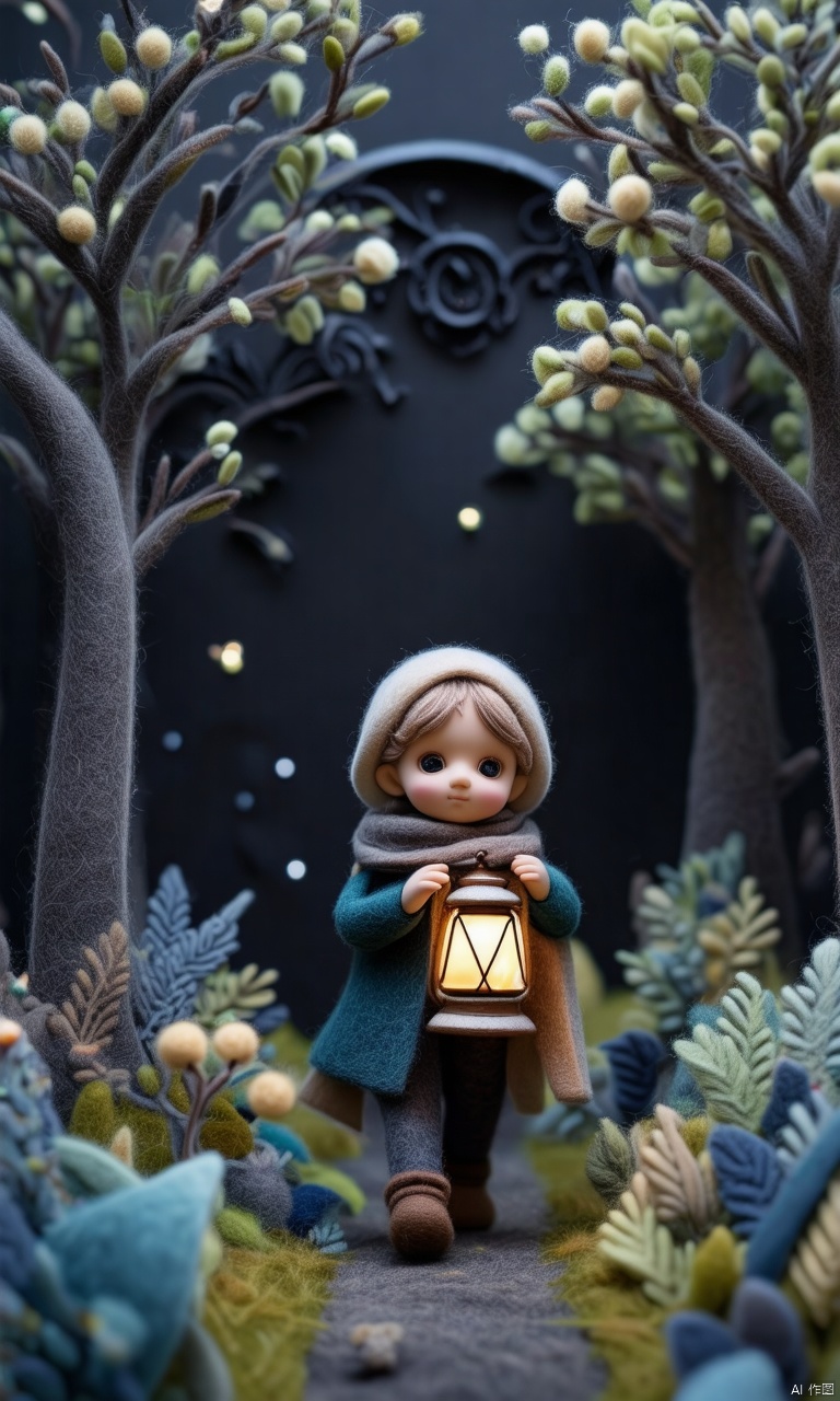 Close-up of a Felt\(hubgstyle)\ child holding a glowing lantern, walking through a forest of felt trees, A sophisticated and ornate dark black mystical background contrasts with the main body of the scene.