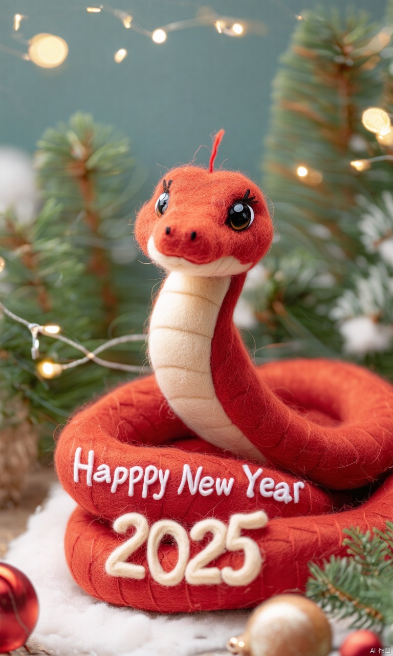 Close-up of a New Year's Felt\(hubgstyle)\ sculpture in the form of a red cute snake and the text"Happy New Year 2025",