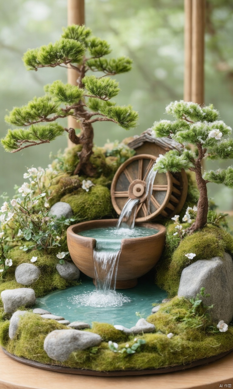 Close-up of the cute serene zen garden Felt\(hubgstyle)\ sculpture with featuring a tiny waterfall feeding into a shallow pool, driving a wooden mill wheel. The ceramic bowl's intricate patterns harmonize with the miniature landscape as delicate water cascades down the shelf's edge. A beautifully sculpted bonsai pine tree stands beside, lightly dusted with frost and surrounded by mossy flowers. The background is softly blurred, suggesting a peaceful indoor space bathed in gentle light.