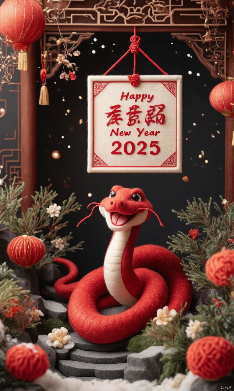 A Gorgeous and lovely red snake-shaped Felt\(hubgstyle)\ sculpture with a smile on its face. At the top of the scene is a square sign with red letters on a white background that reads “Happy New Year 2025”. Suspended from a red rope, the sign has a Chinese knot decoration that adds a touch of color to the scene. Gorgeous and grandiose scene.A sophisticated and ornate dark black mystical background contrasts with the main body of the scene.
